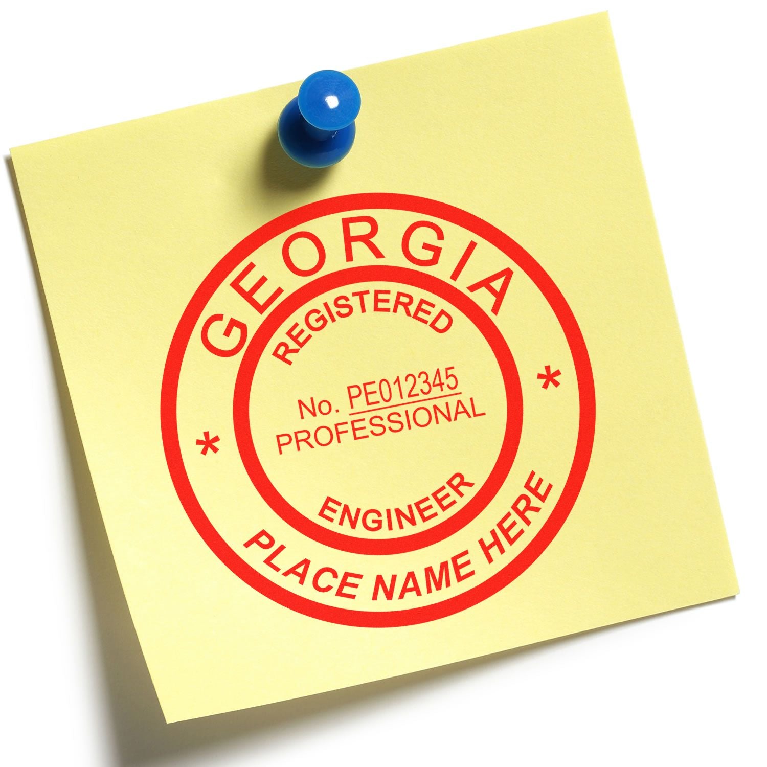 A photograph of the Slim Pre-Inked Georgia Professional Engineer Seal Stamp stamp impression reveals a vivid, professional image of the on paper.