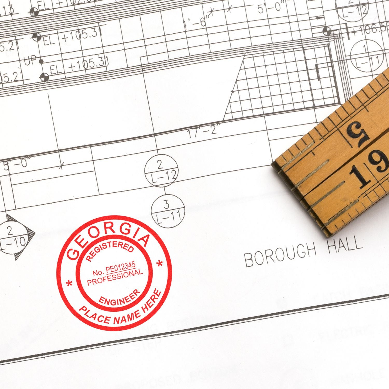 An alternative view of the Premium MaxLight Pre-Inked Georgia Engineering Stamp stamped on a sheet of paper showing the image in use