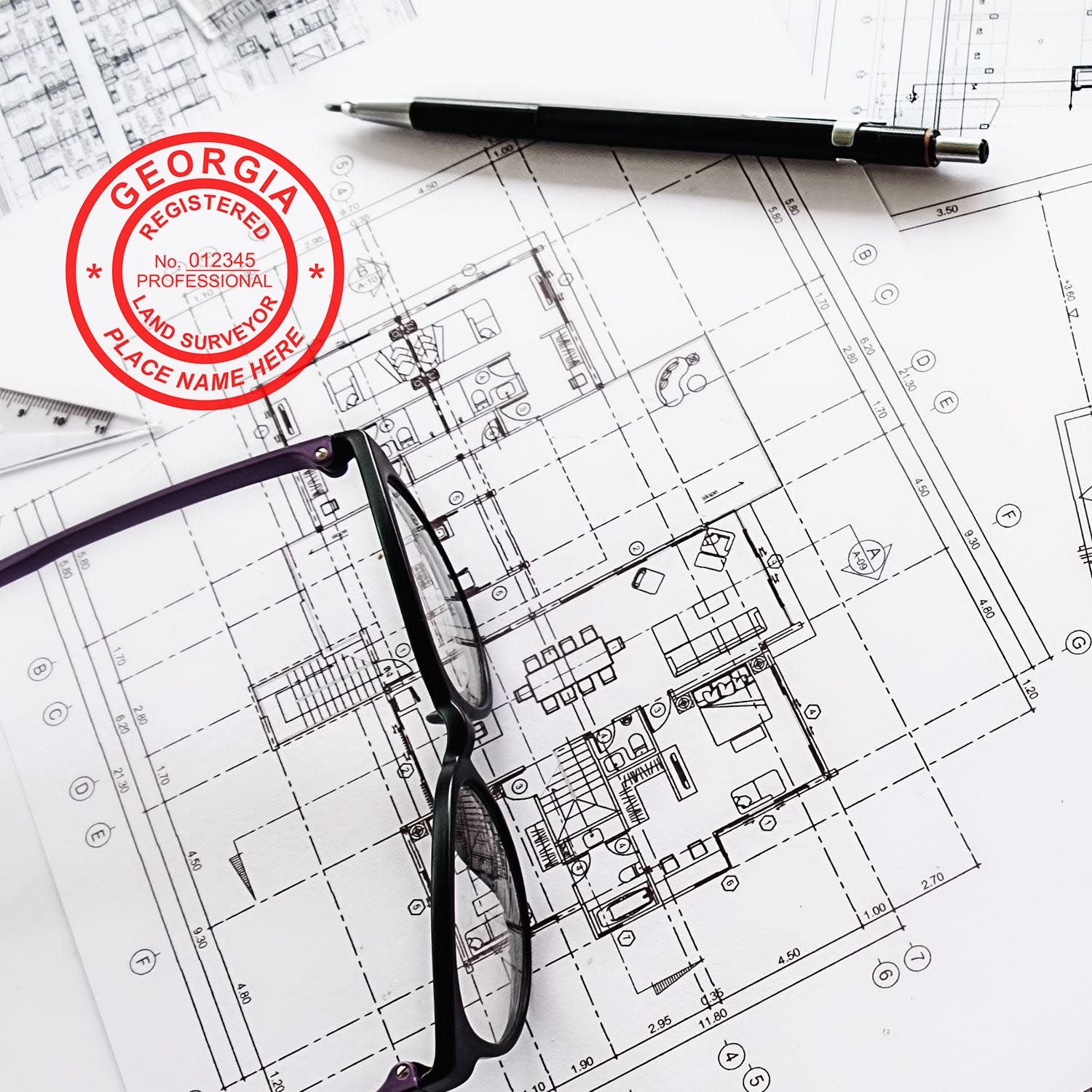 The Slim Pre-Inked Georgia Land Surveyor Seal Stamp stamp impression comes to life with a crisp, detailed photo on paper - showcasing true professional quality.