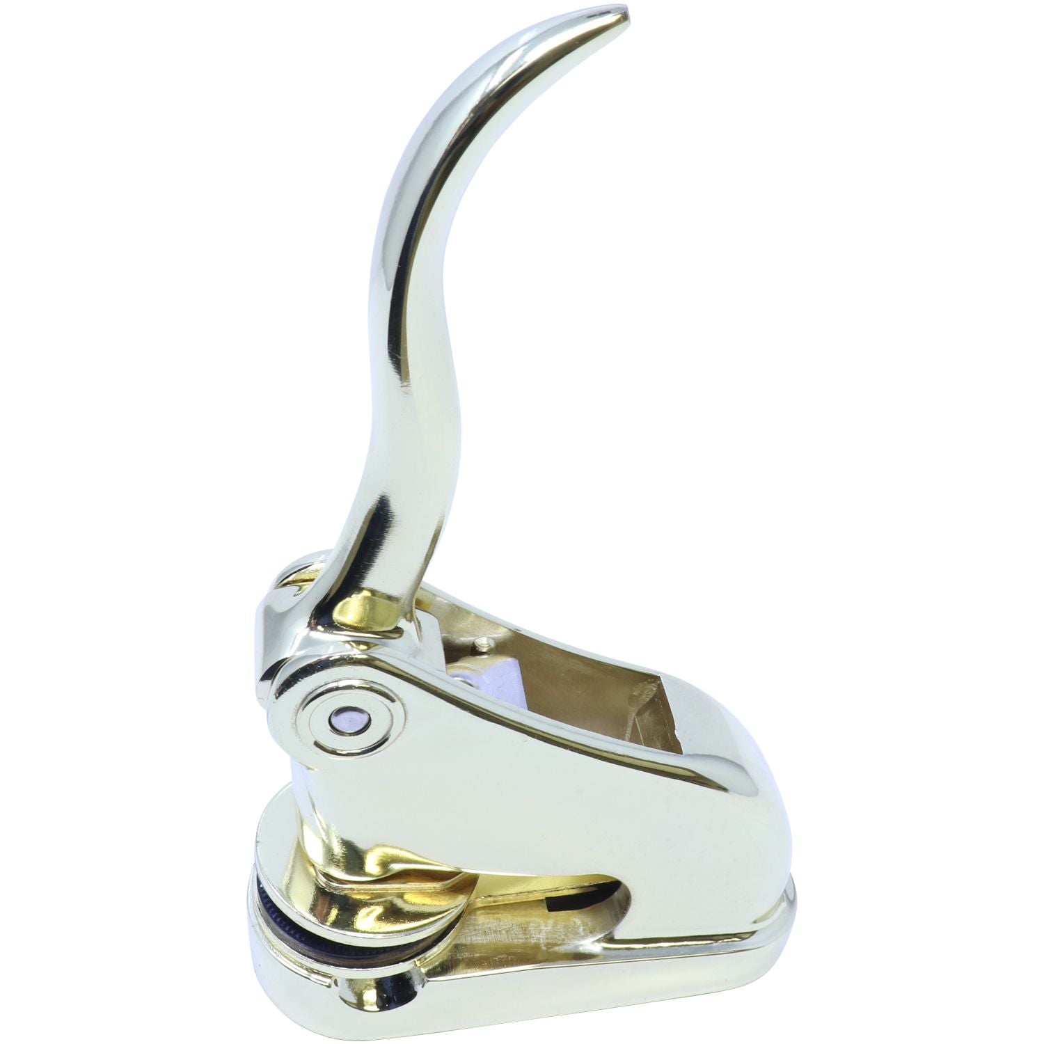 Professional Engineer Gold Gift Seal Embosser with a sleek, polished gold finish, angled left side view. The embosser features a curved handle and a 1-5/8 inch imprint area, ideal for professional use.