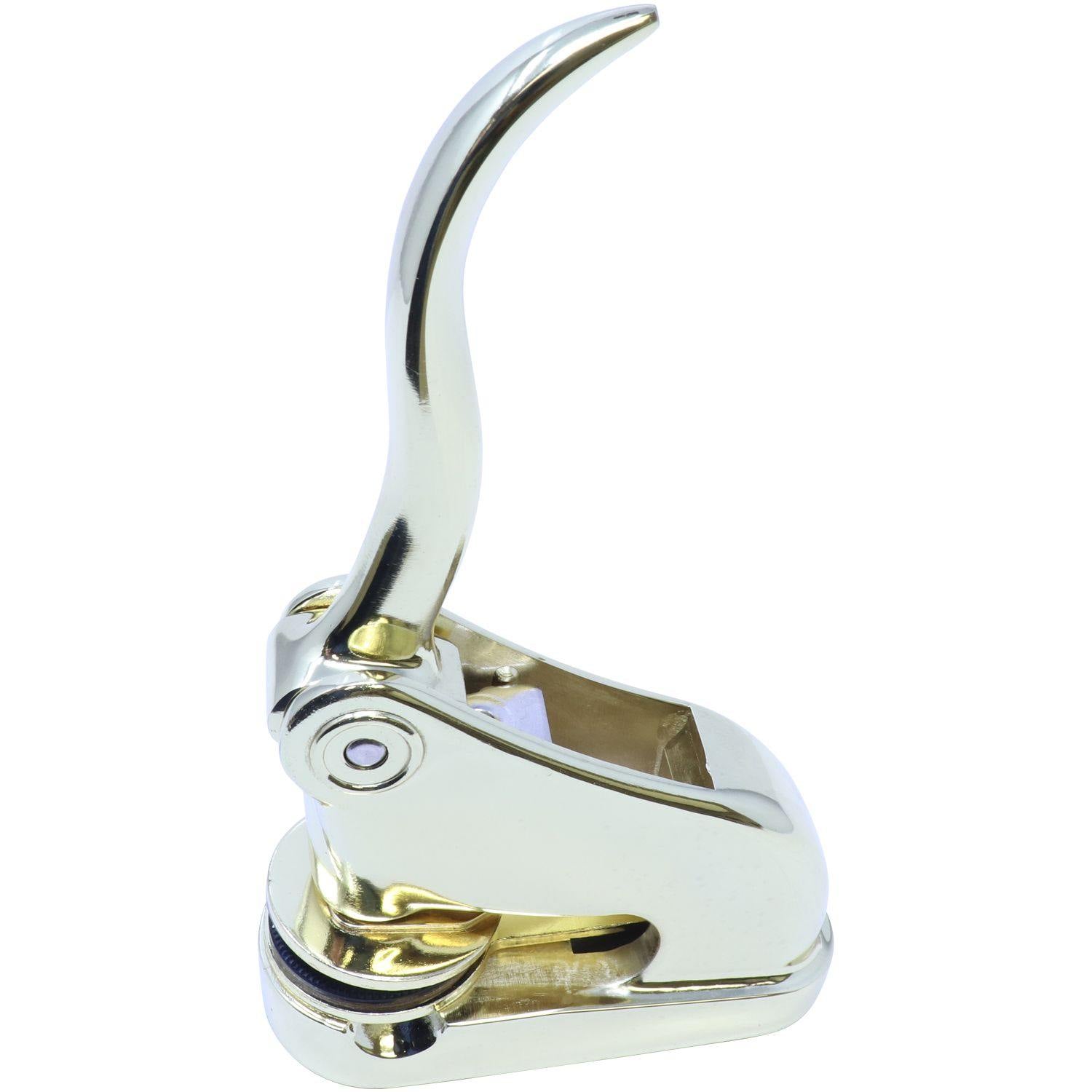 Real Estate Appraiser Gold Gift Seal Embosser with a sleek, shiny gold finish, angled left side view, showing the lever and embossing mechanism.