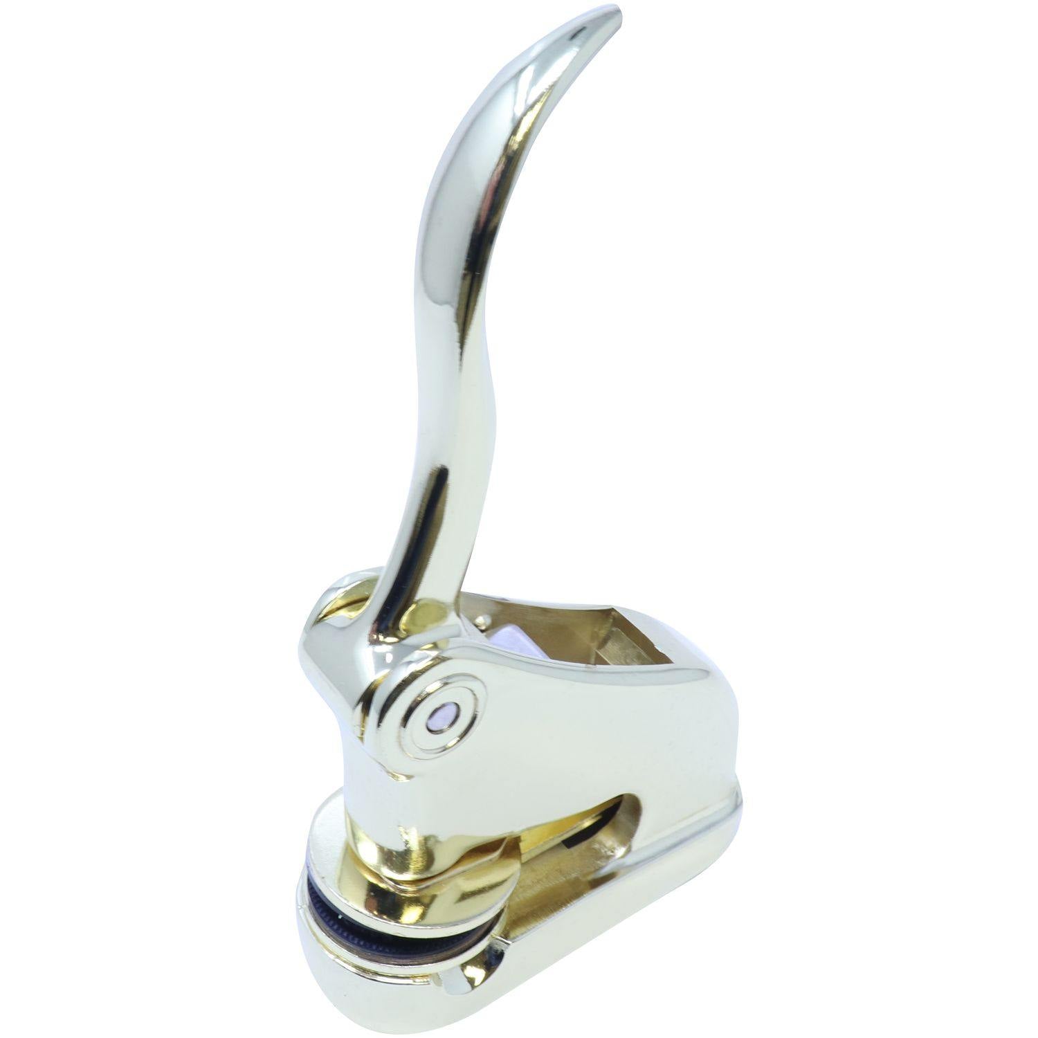 Real Estate Appraiser Gold Gift Seal Embosser with a sleek, shiny gold finish, angled side view showing the lever and embossing mechanism.