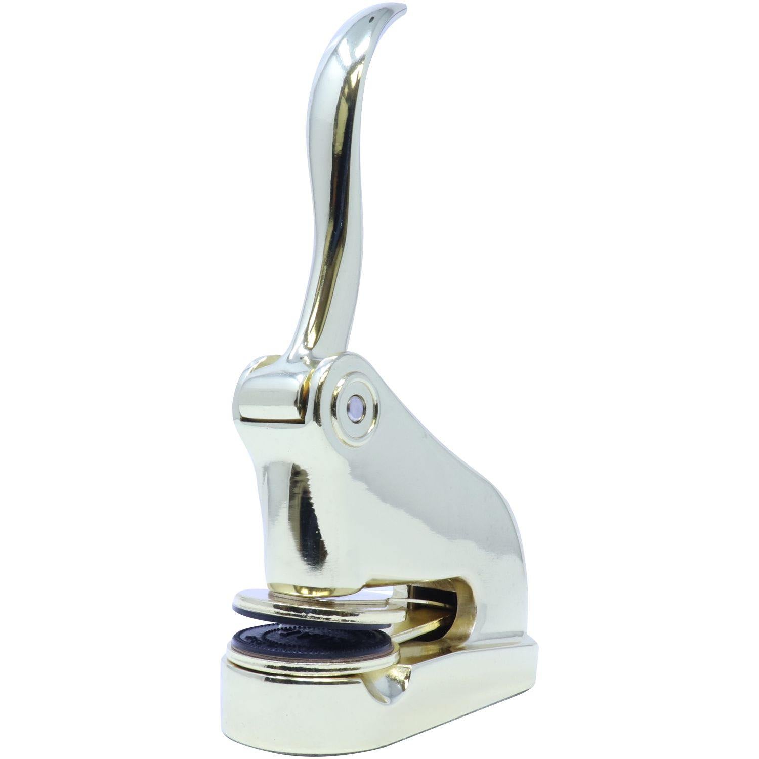 Gold-colored Real Estate Appraiser Gold Gift Seal Embosser with a sleek, polished finish and a lever handle, shown from the front-left view.