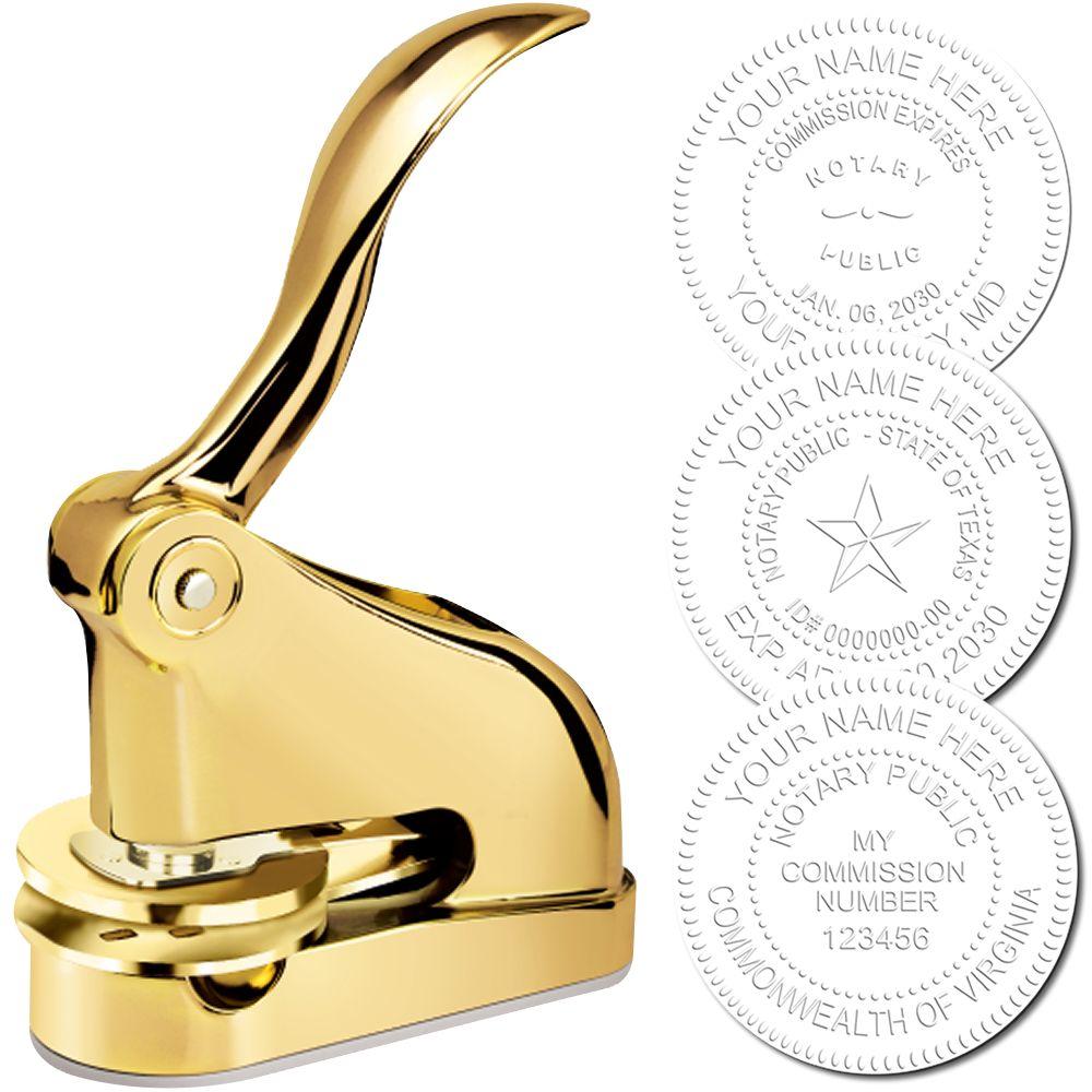 Gold Gift Notary Seal Embosser with a sleek gold finish, shown with three sample embossed seals displaying customizable notary information.