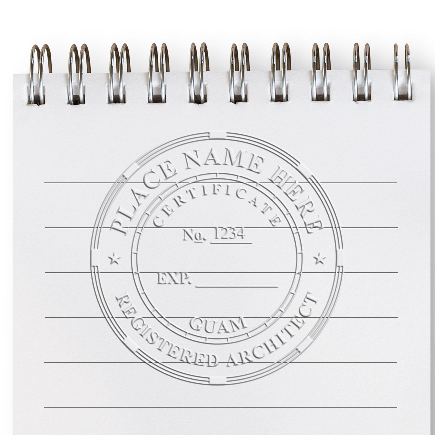 This paper is stamped with a sample imprint of the Handheld Guam Architect Seal Embosser, signifying its quality and reliability.