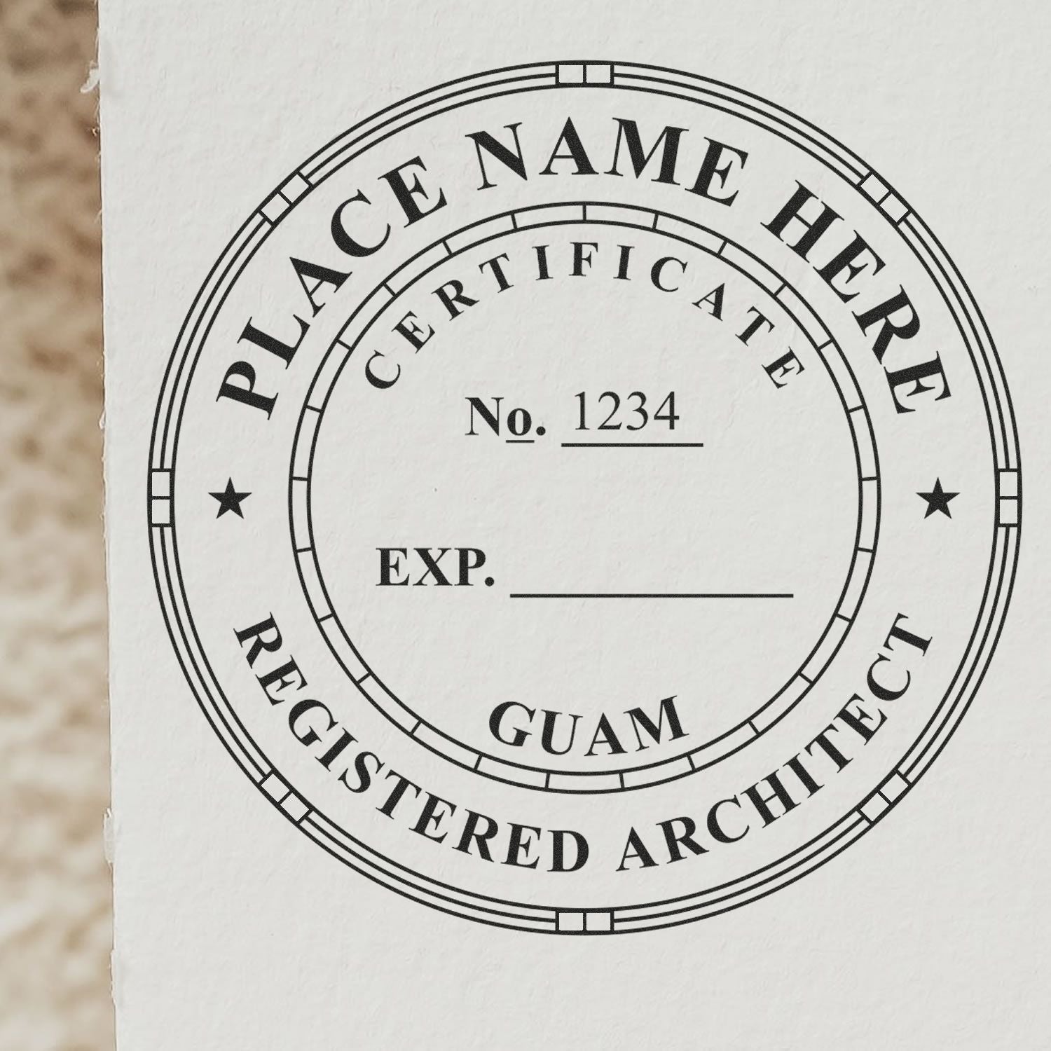 Digital Guam Architect Stamp, Electronic Seal for Guam Architect, circular design with customizable name, certificate number, and expiration date.