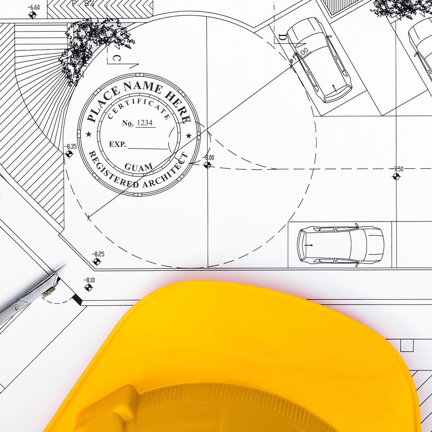 Architectural blueprint with a Digital Guam Architect Stamp, Electronic Seal for Guam Architect, yellow hard hat, and pen in view.