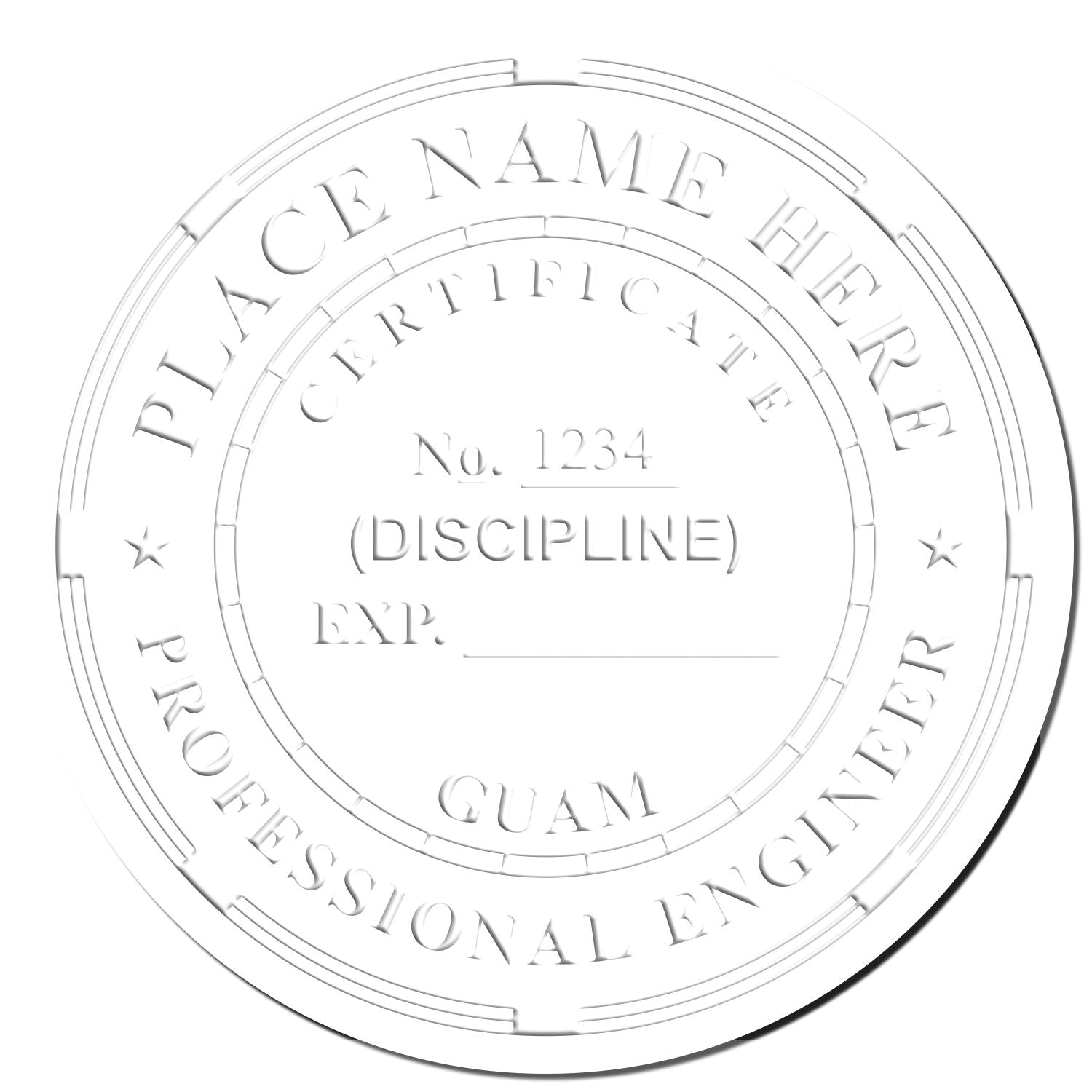 This paper is stamped with a sample imprint of the Heavy Duty Cast Iron Guam Engineer Seal Embosser, signifying its quality and reliability.