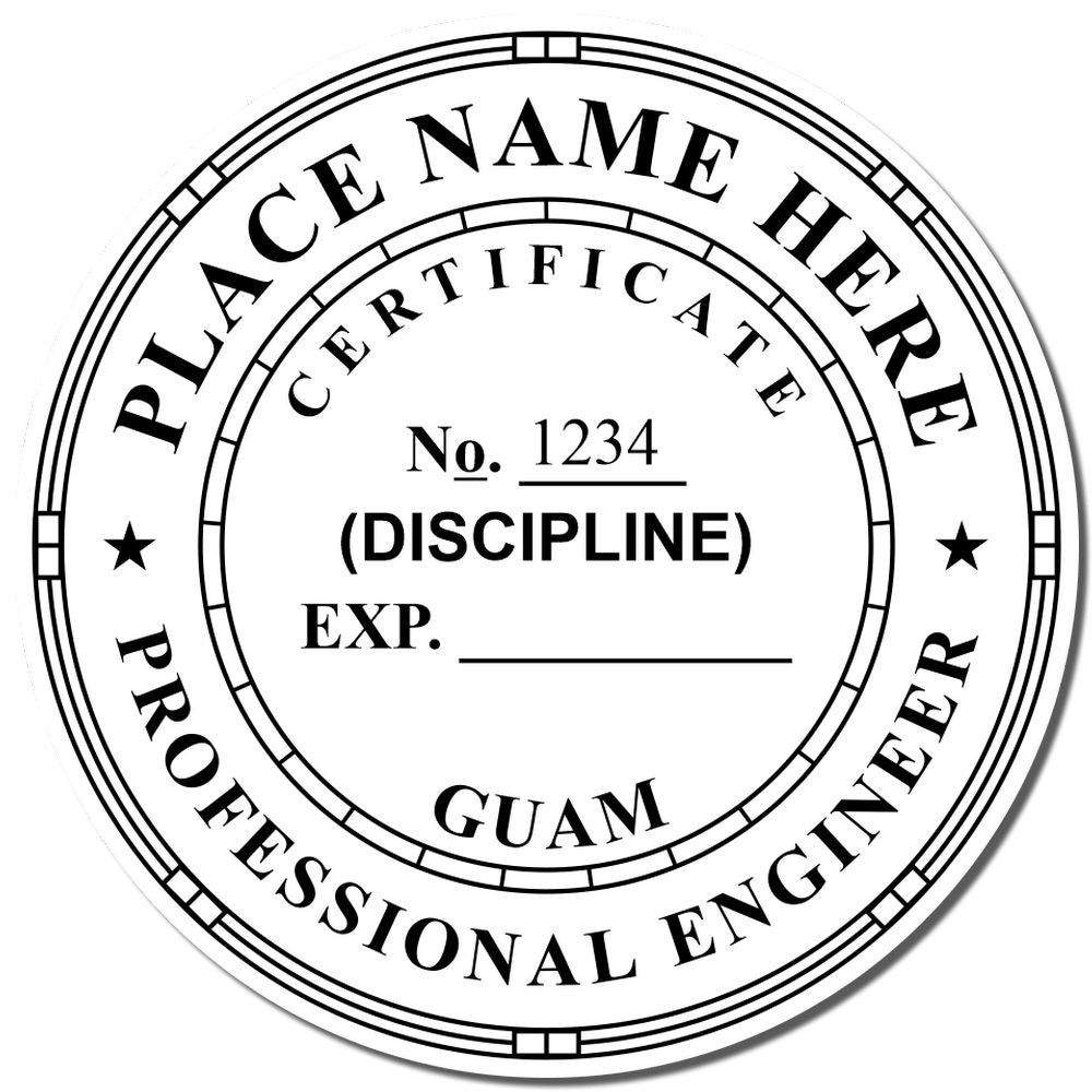 A photograph of the Slim Pre-Inked Guam Professional Engineer Seal Stamp stamp impression reveals a vivid, professional image of the on paper.