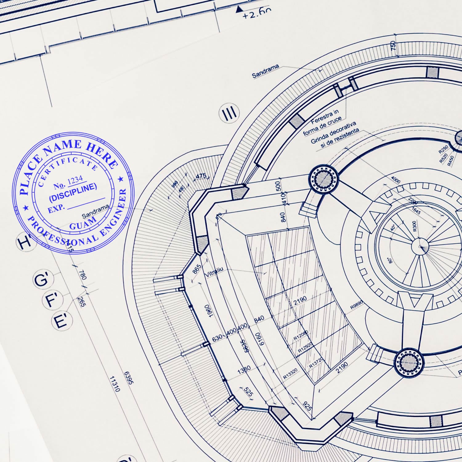 The Premium MaxLight Pre-Inked Guam Engineering Stamp stamp impression comes to life with a crisp, detailed photo on paper - showcasing true professional quality.