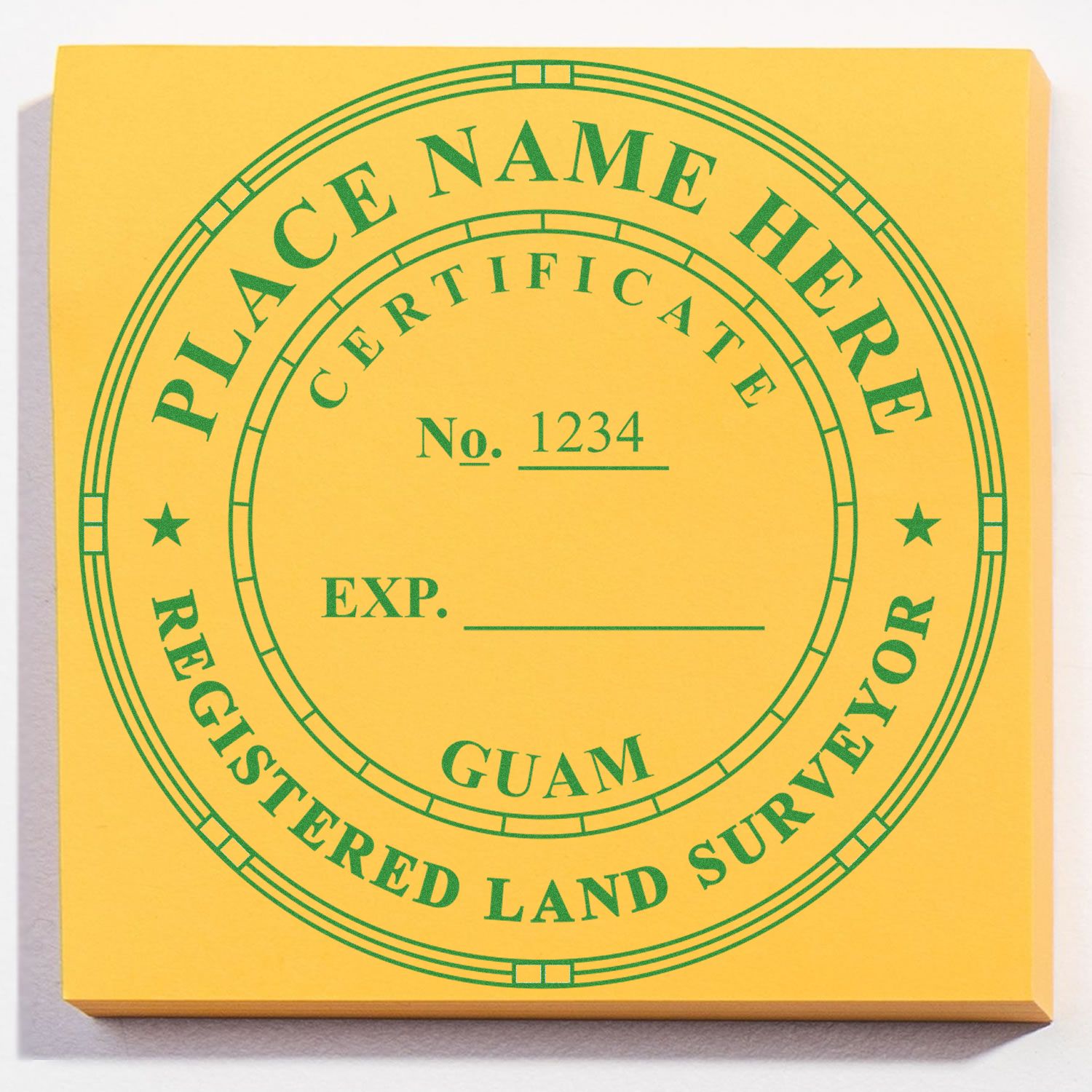 Premium MaxLight Pre-Inked Guam Surveyors Stamp with customizable fields for name, certificate number, and expiration date on a yellow background.