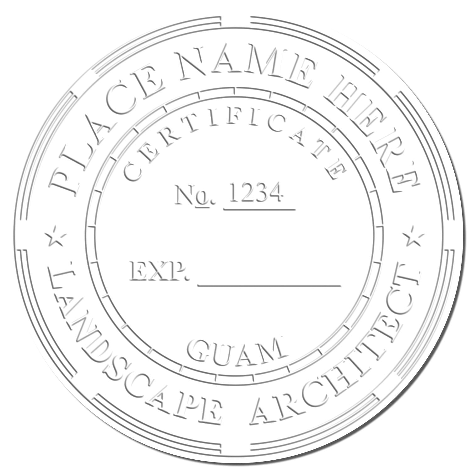 This paper is stamped with a sample imprint of the State of Guam Extended Long Reach Landscape Architect Seal Embosser, signifying its quality and reliability.