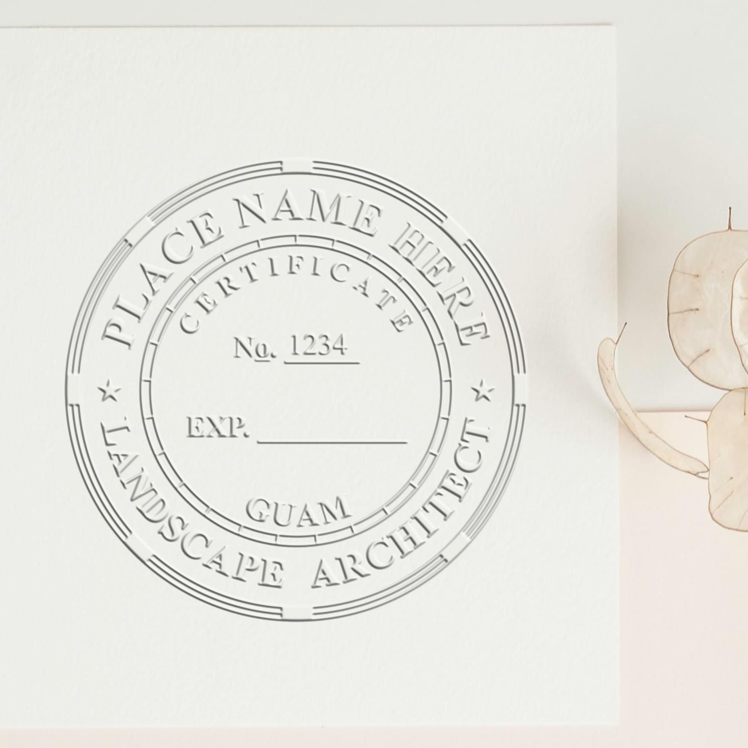 A photograph of the Hybrid Guam Landscape Architect Seal stamp impression reveals a vivid, professional image of the on paper.