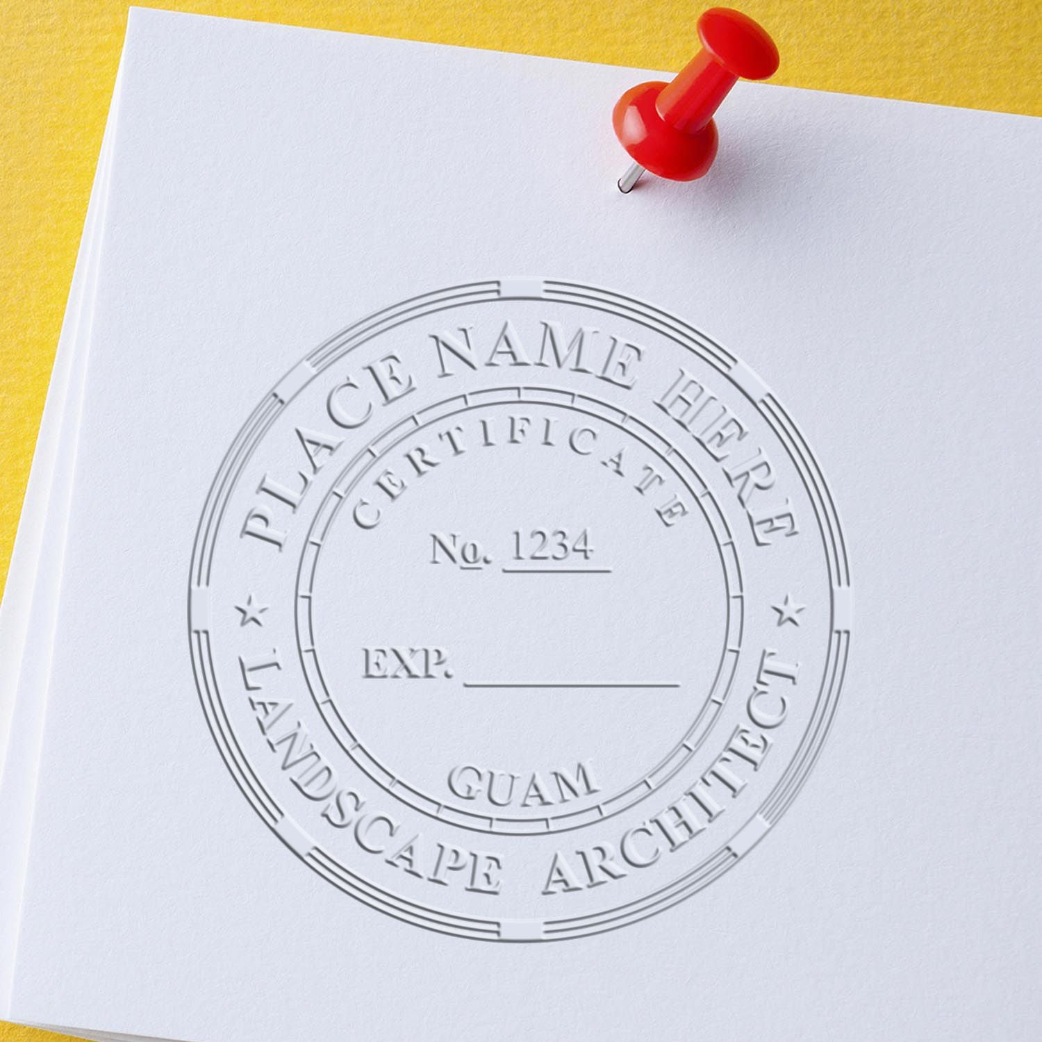 A photograph of the State of Guam Handheld Landscape Architect Seal stamp impression reveals a vivid, professional image of the on paper.