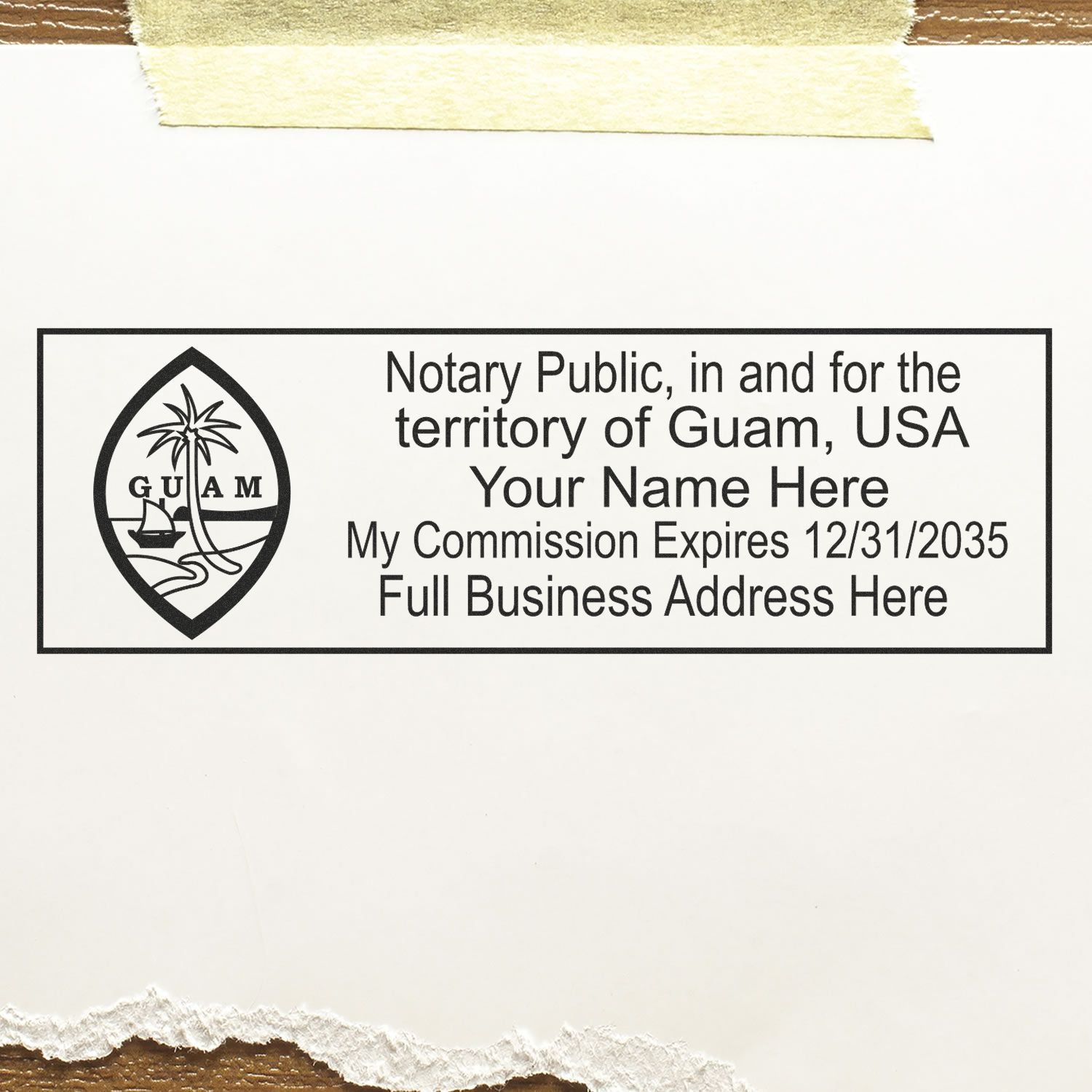 A stamped impression of the Self-Inking Rectangular Guam Notary Stamp in this stylish lifestyle photo, setting the tone for a unique and personalized product.