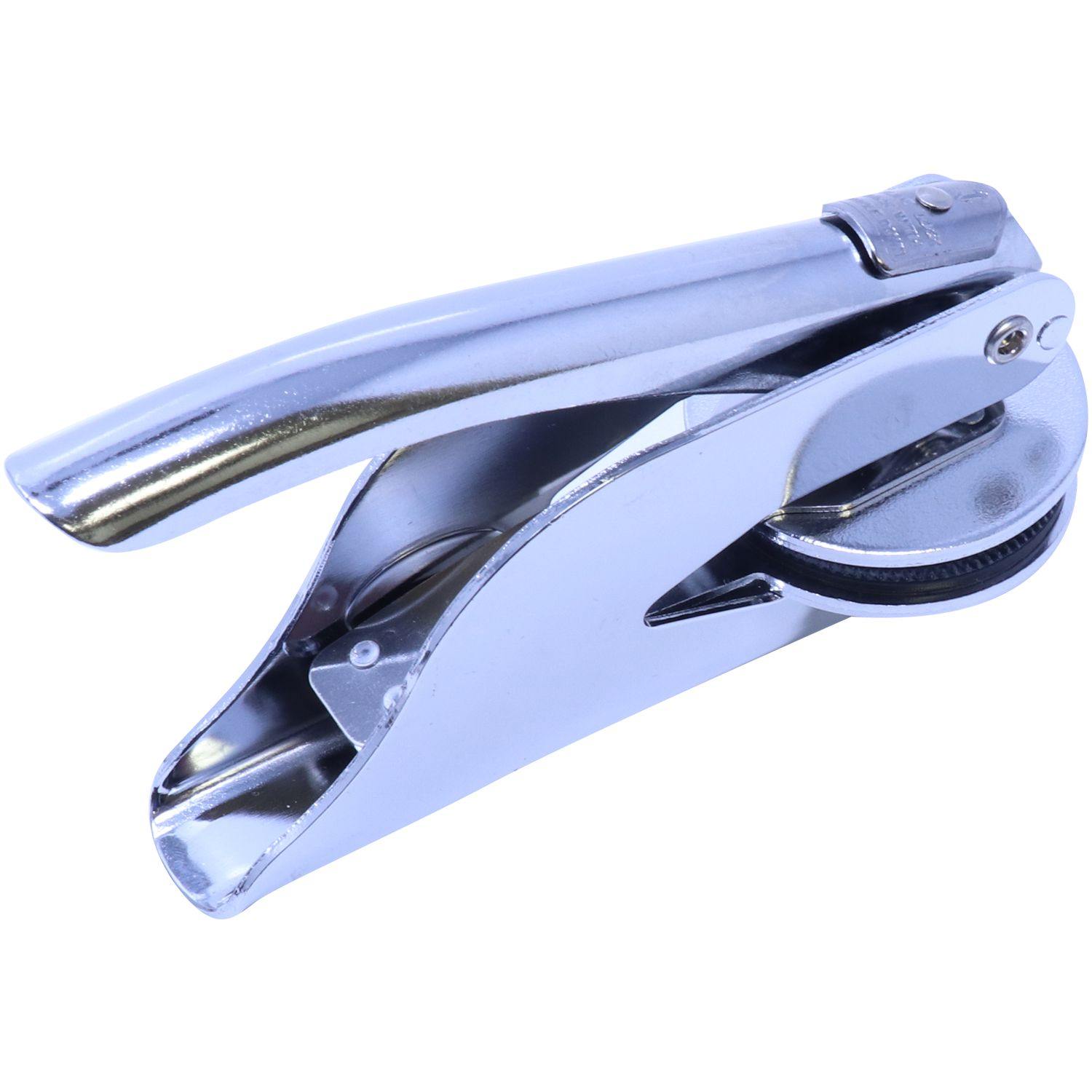 Real Estate Appraiser Handheld Seal Embosser in chrome finish, angled left view, showing the detailed design and compact size.