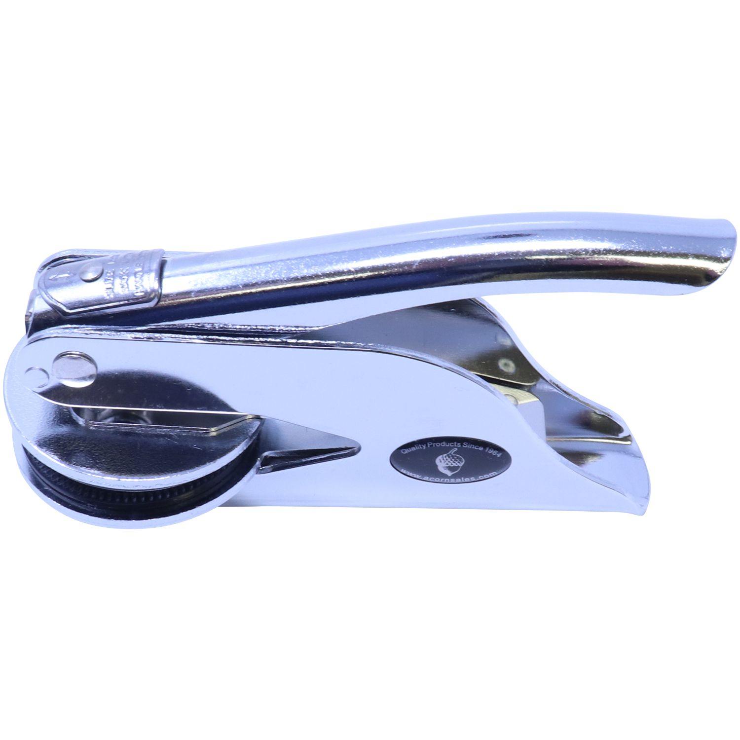 Real Estate Appraiser Handheld Seal Embosser in chrome finish, angled side view, showing the detailed imprint mechanism and ergonomic handle.