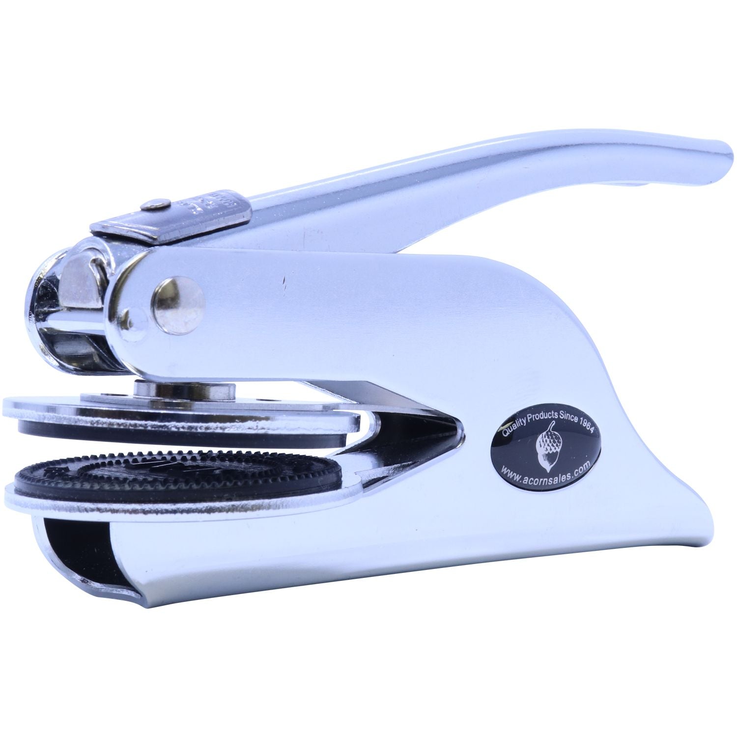 Professional Engineer Handheld Seal Embosser in chrome finish, angled side view. The embosser features a sleek design with a lever handle and a circular imprint area, ideal for professional use.