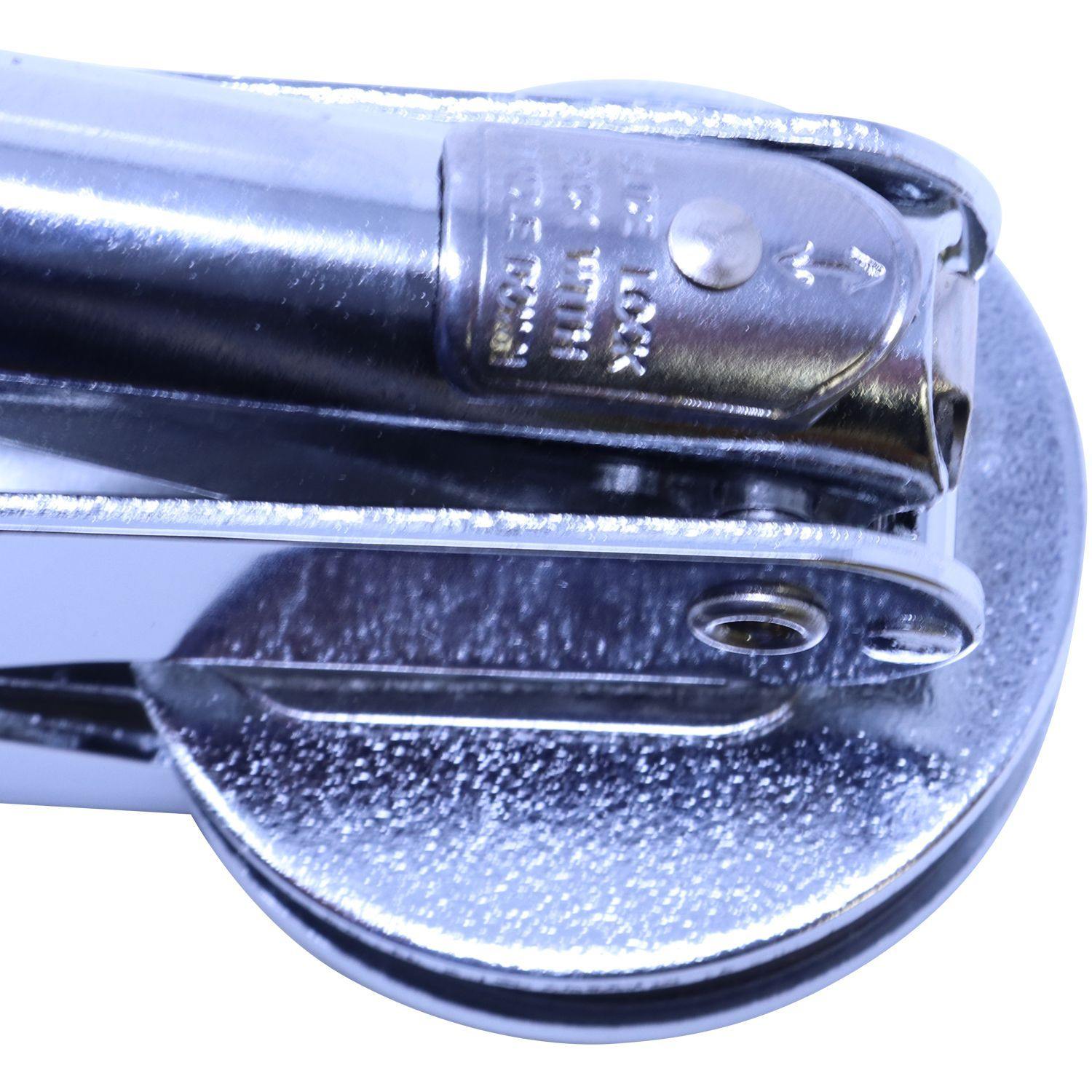 Close-up of the Land Surveyor Handheld Seal Embosser in chrome, showing the locking mechanism and detailed metal finish.