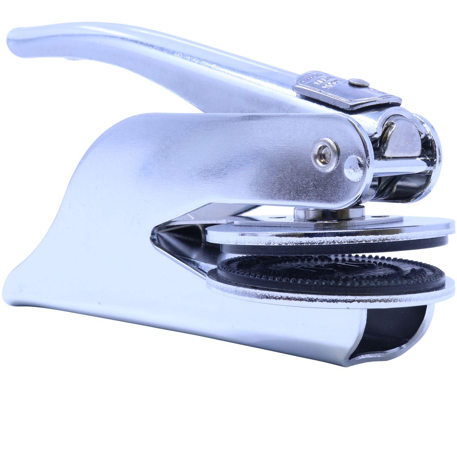 Real Estate Appraiser Handheld Seal Embosser in chrome finish, side view showing the detailed embossing mechanism and ergonomic handle.