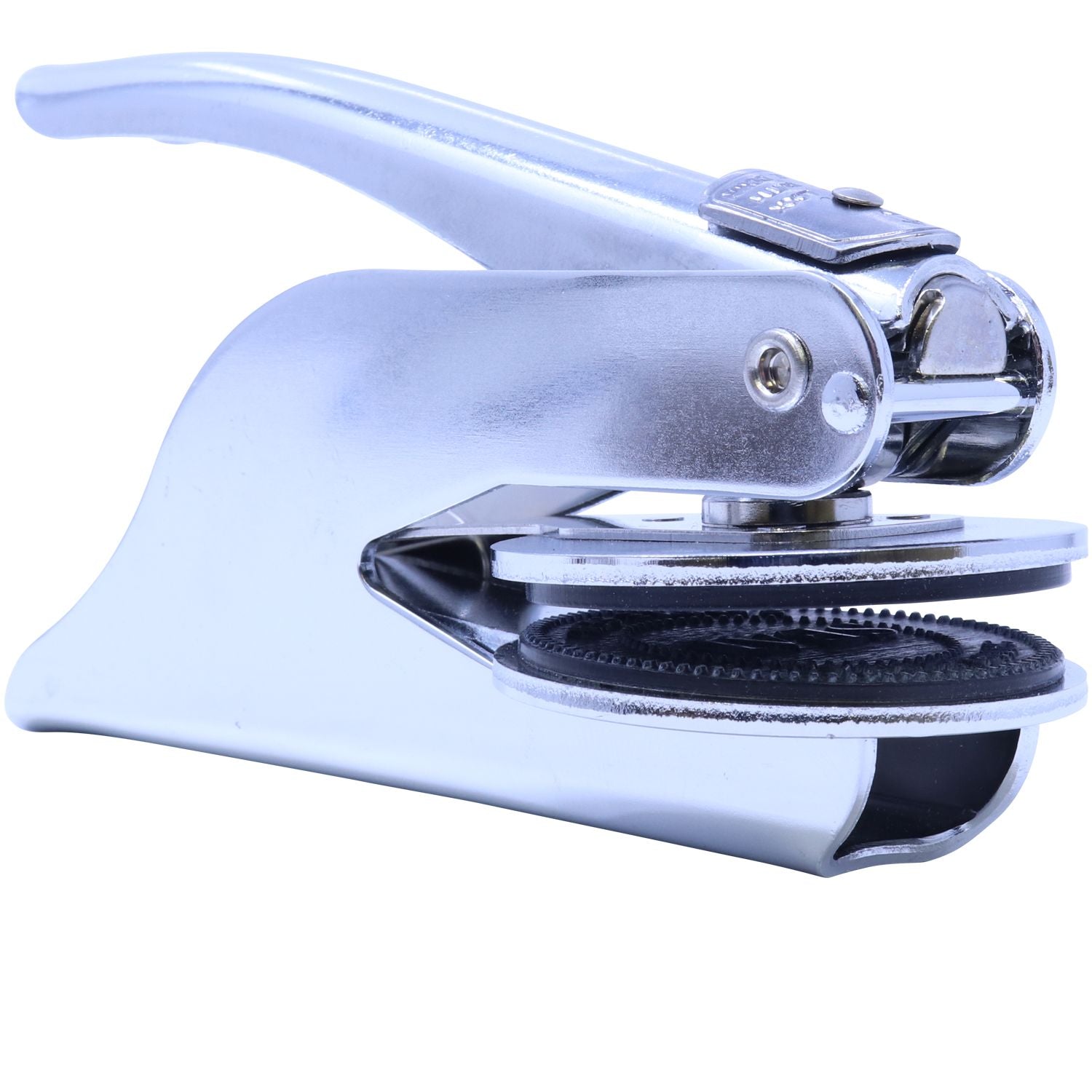 Professional Engineer Handheld Seal Embosser in chrome finish, side view. The embosser features a sleek, ergonomic design for easy use, with a detailed imprint area for professional seals.