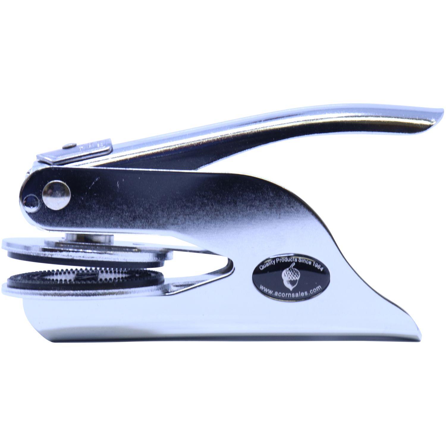 Land Surveyor Handheld Seal Embosser in chrome finish, side view showing imprint mechanism and ergonomic handle against a white background.