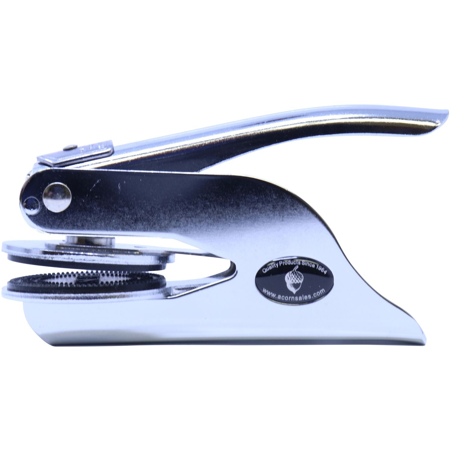 Side view of the Professional Engineer Handheld Seal Embosser in chrome finish, showing the detailed imprint mechanism and ergonomic handle design.