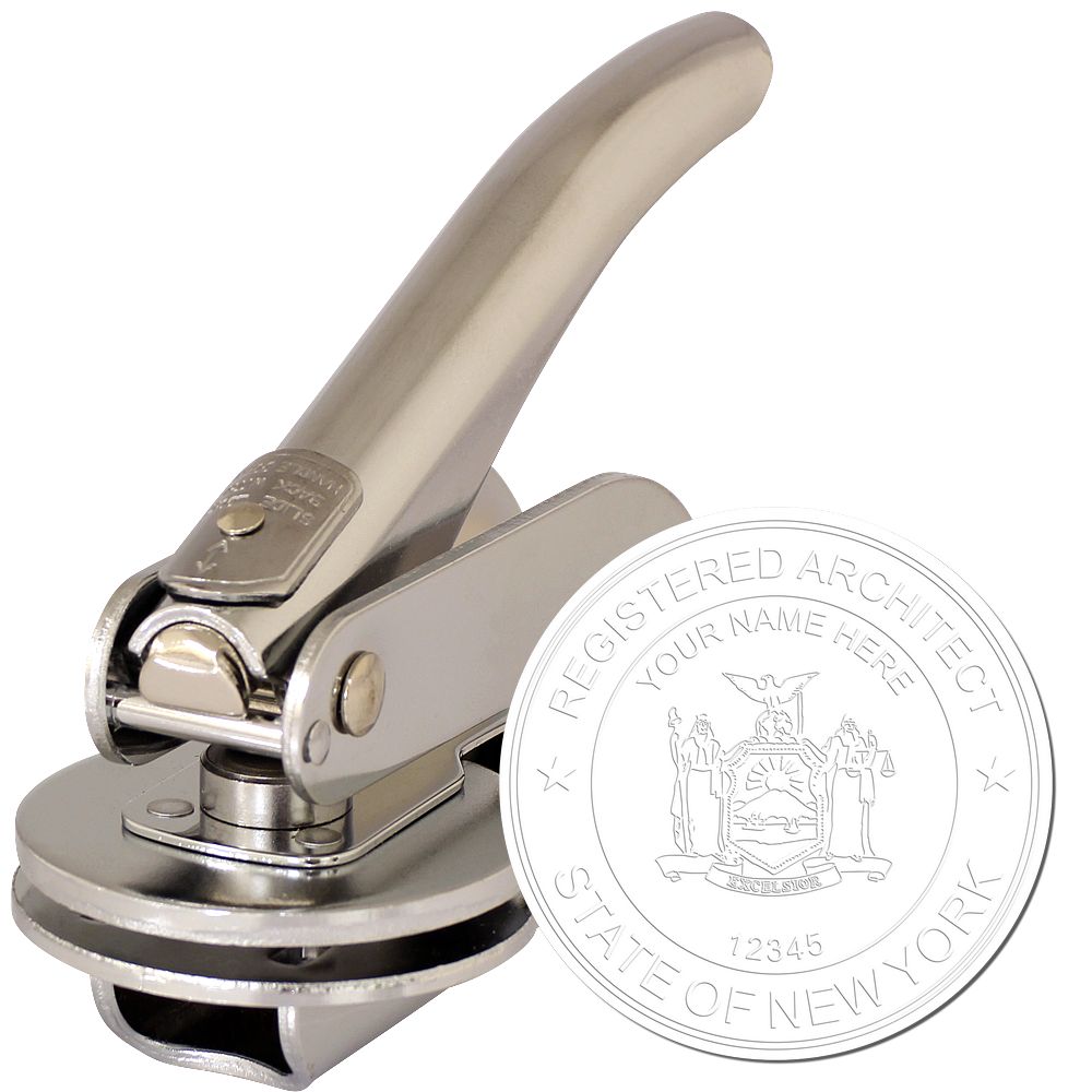 The main image for the Handheld New York Architect Seal Embosser depicting a sample of the imprint and electronic files