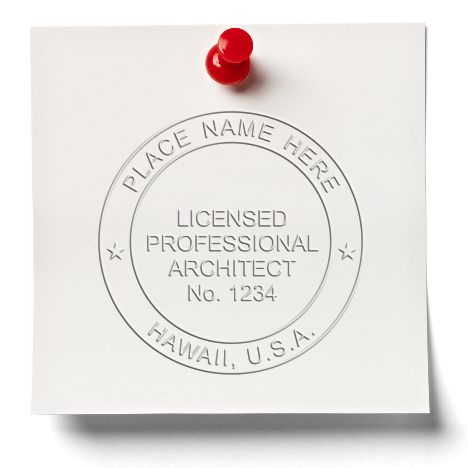 This paper is stamped with a sample imprint of the Extended Long Reach Hawaii Architect Seal Embosser, signifying its quality and reliability.