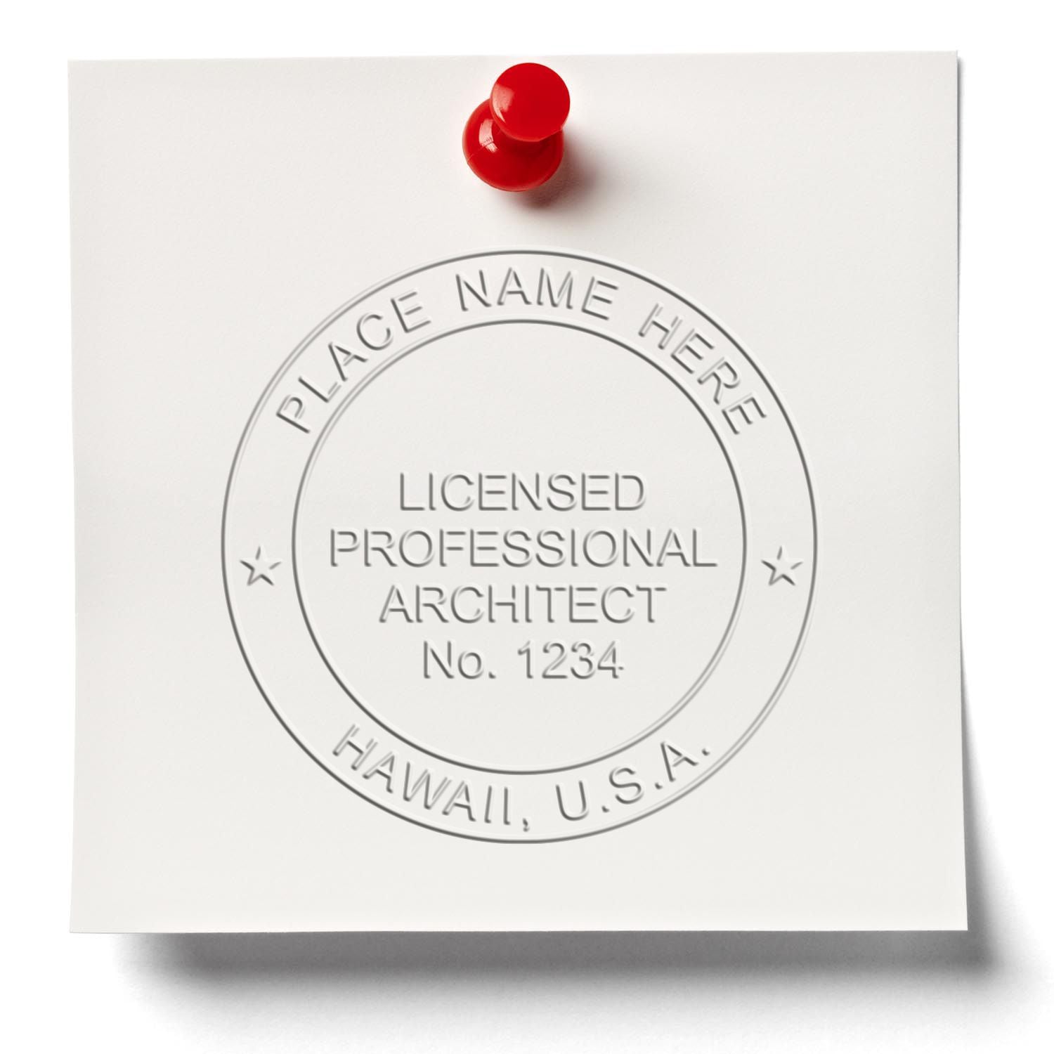 An alternative view of the State of Hawaii Long Reach Architectural Embossing Seal stamped on a sheet of paper showing the image in use