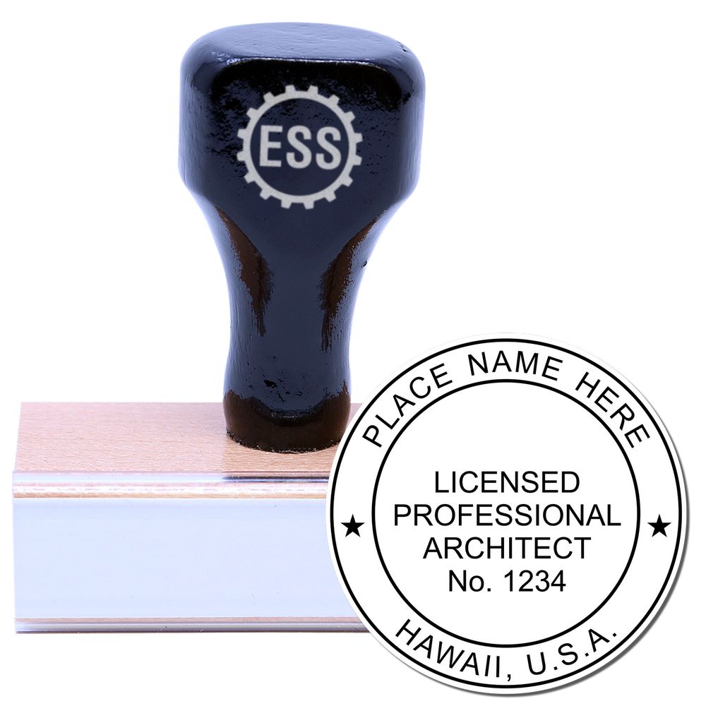 Hawaii Architect Seal Stamp with a wooden handle and rubber base, displaying a sample licensed professional architect seal.