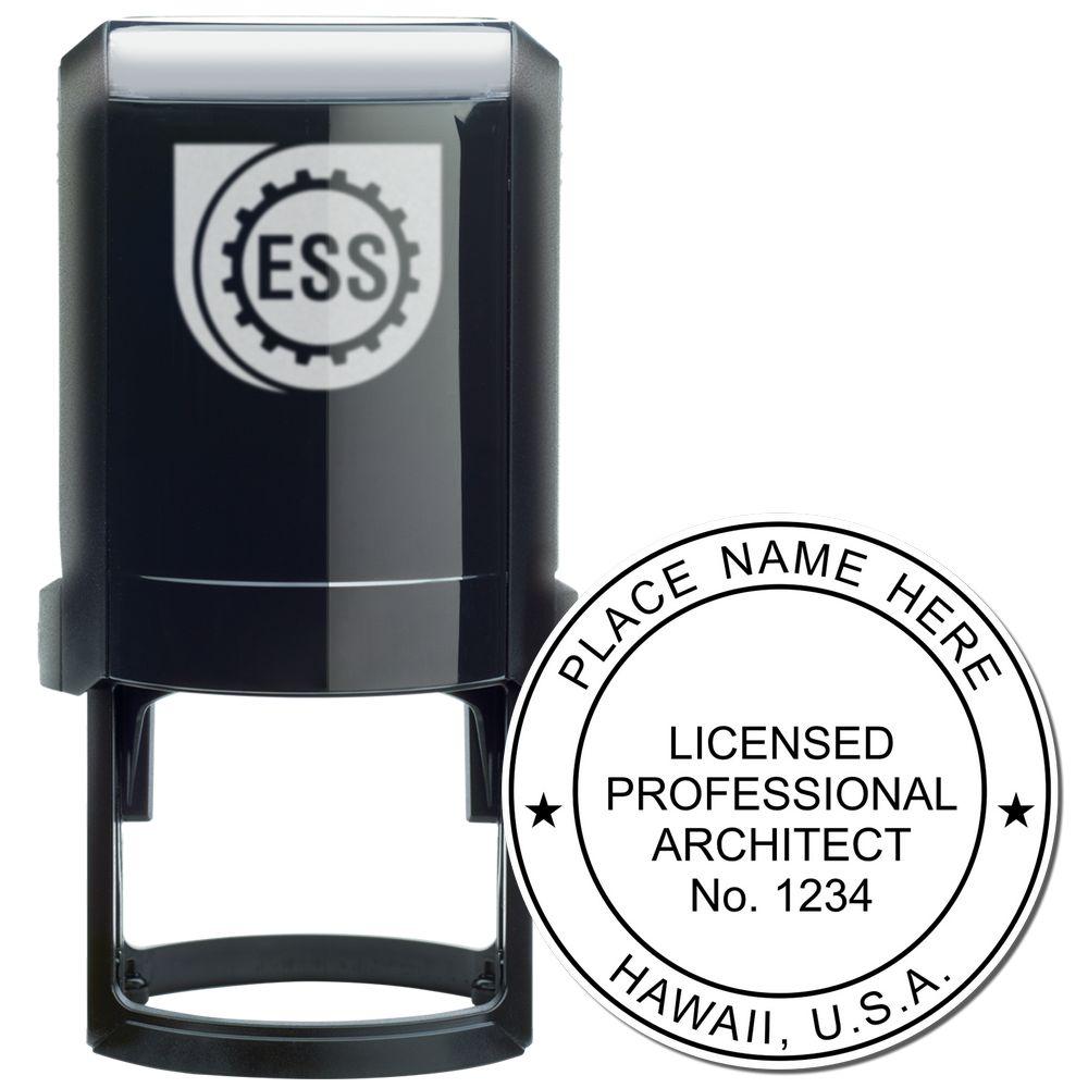 Self Inking Hawaii Architect Stamp with a black casing and a round imprint showing LICENSED PROFESSIONAL ARCHITECT and customizable details.