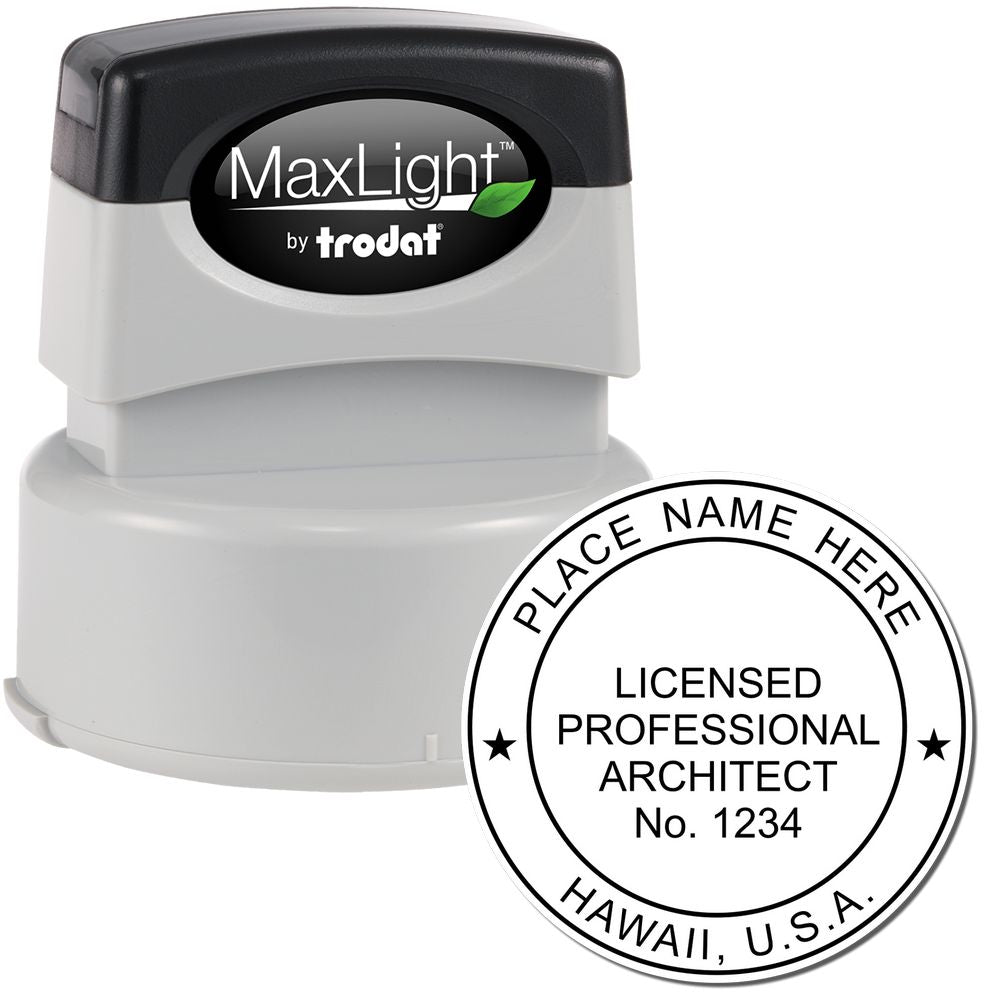 Image of the Premium MaxLight Pre-Inked Hawaii Architectural Stamp, featuring a round stamp design for licensed professional architects in Hawaii, USA.