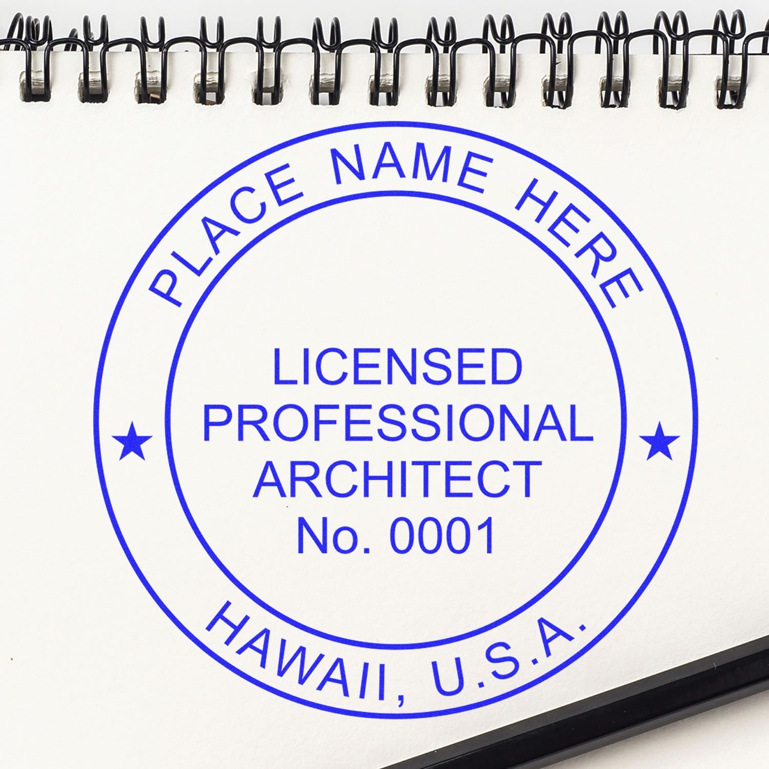 Hawaii Architect Seal Stamp on a white notepad with a spiral binding, featuring text LICENSED PROFESSIONAL ARCHITECT No. 0001 in blue ink.