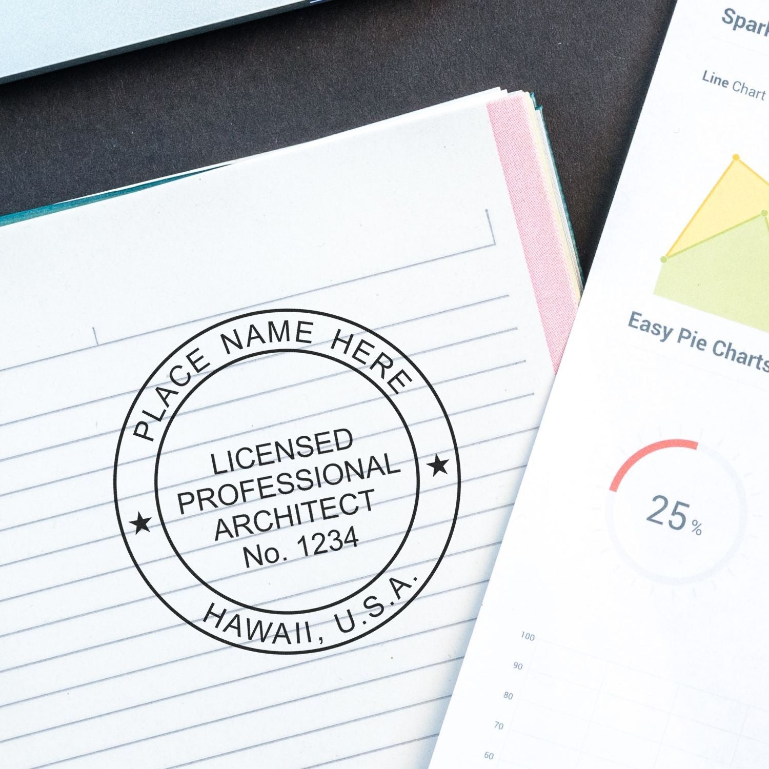 Premium MaxLight Pre-Inked Hawaii Architectural Stamp in use on a document, displaying a professional architect seal with customizable details.