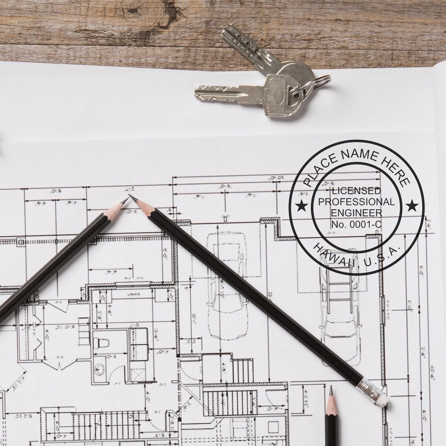 An alternative view of the Digital Hawaii PE Stamp and Electronic Seal for Hawaii Engineer stamped on a sheet of paper showing the image in use