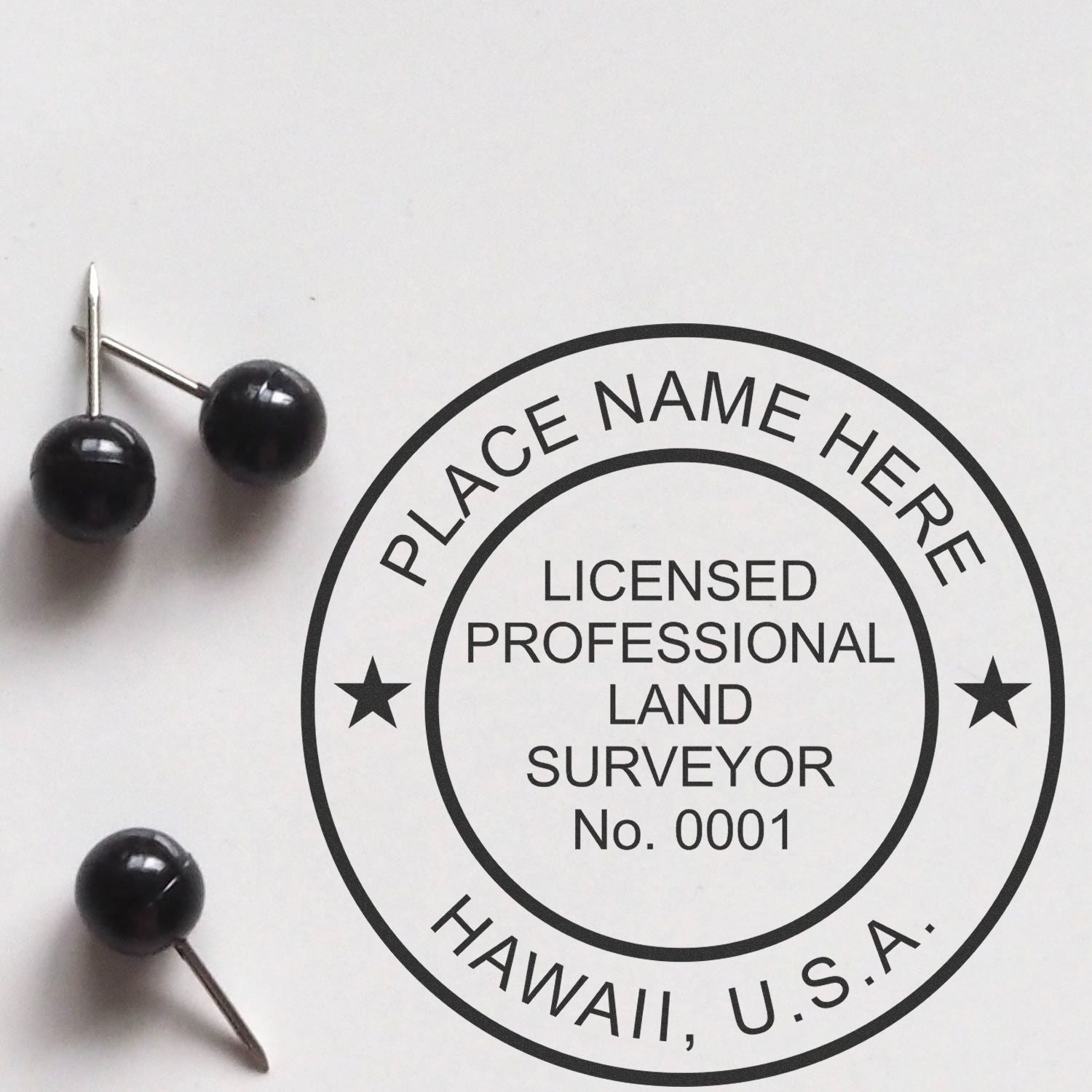 Digital Hawaii Land Surveyor Stamp, Electronic Seal for Hawaii Land Surveyor, with black push pins on white background.