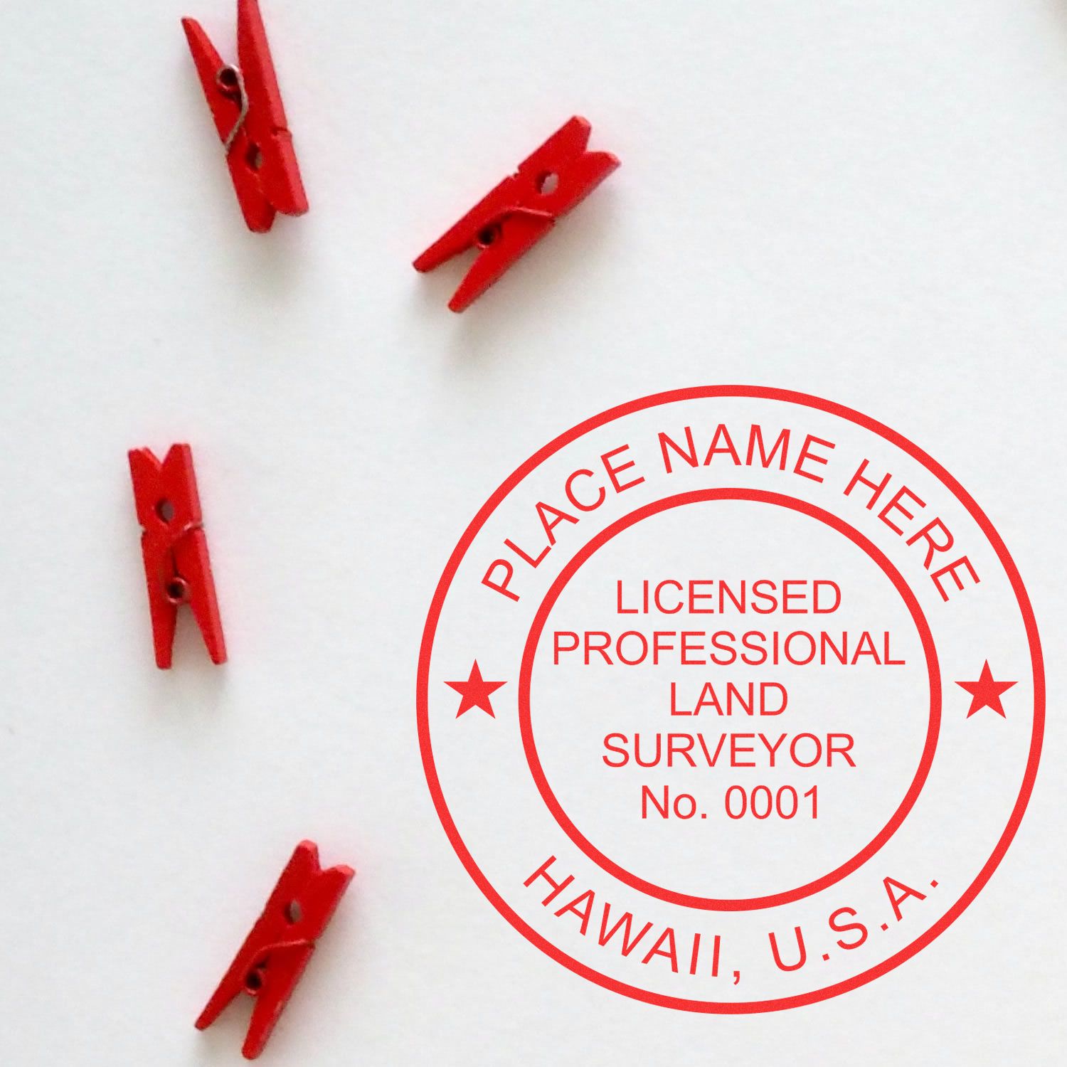 Red Digital Hawaii Land Surveyor Stamp, Electronic Seal for Hawaii Land Surveyor, with red clothespins on a white background.