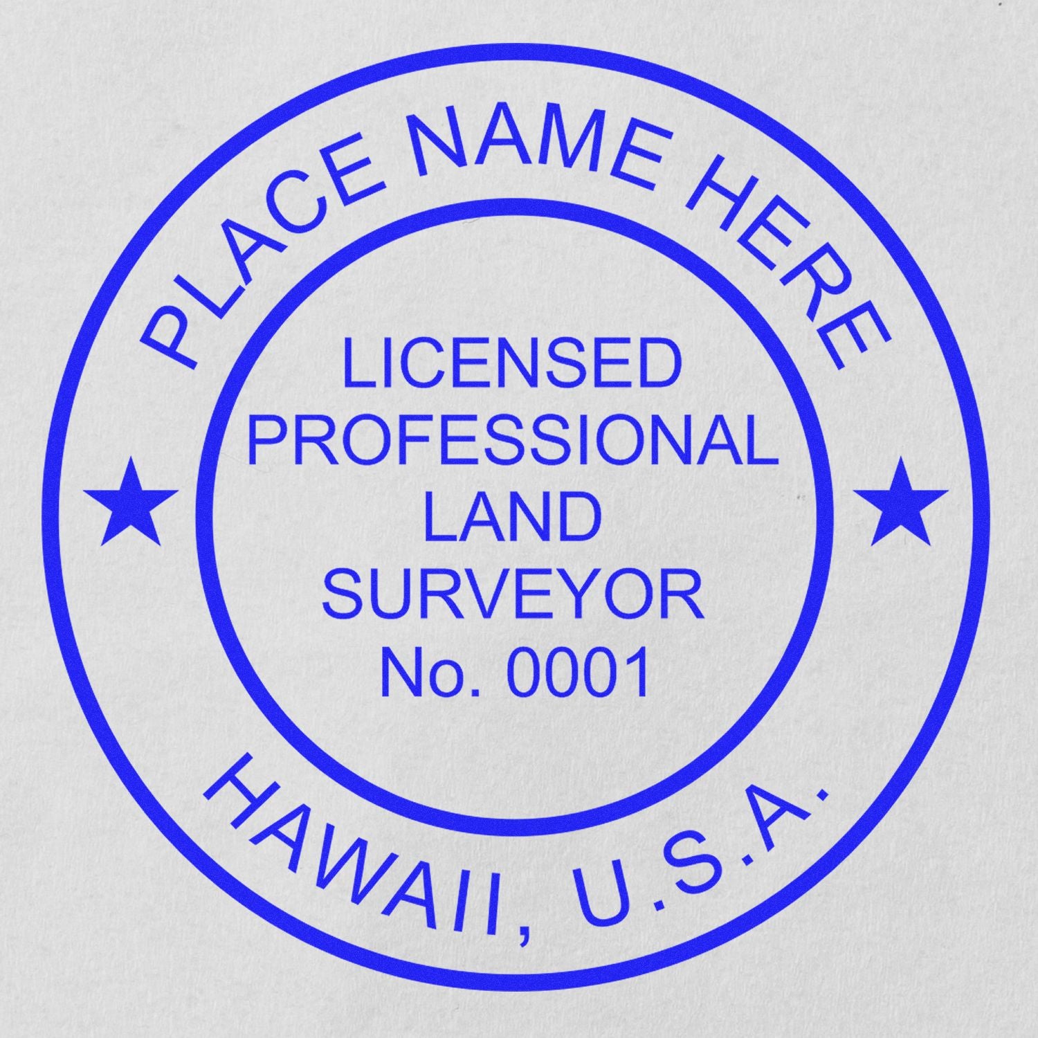 A lifestyle photo showing a stamped image of the Slim Pre-Inked Hawaii Land Surveyor Seal Stamp on a piece of paper