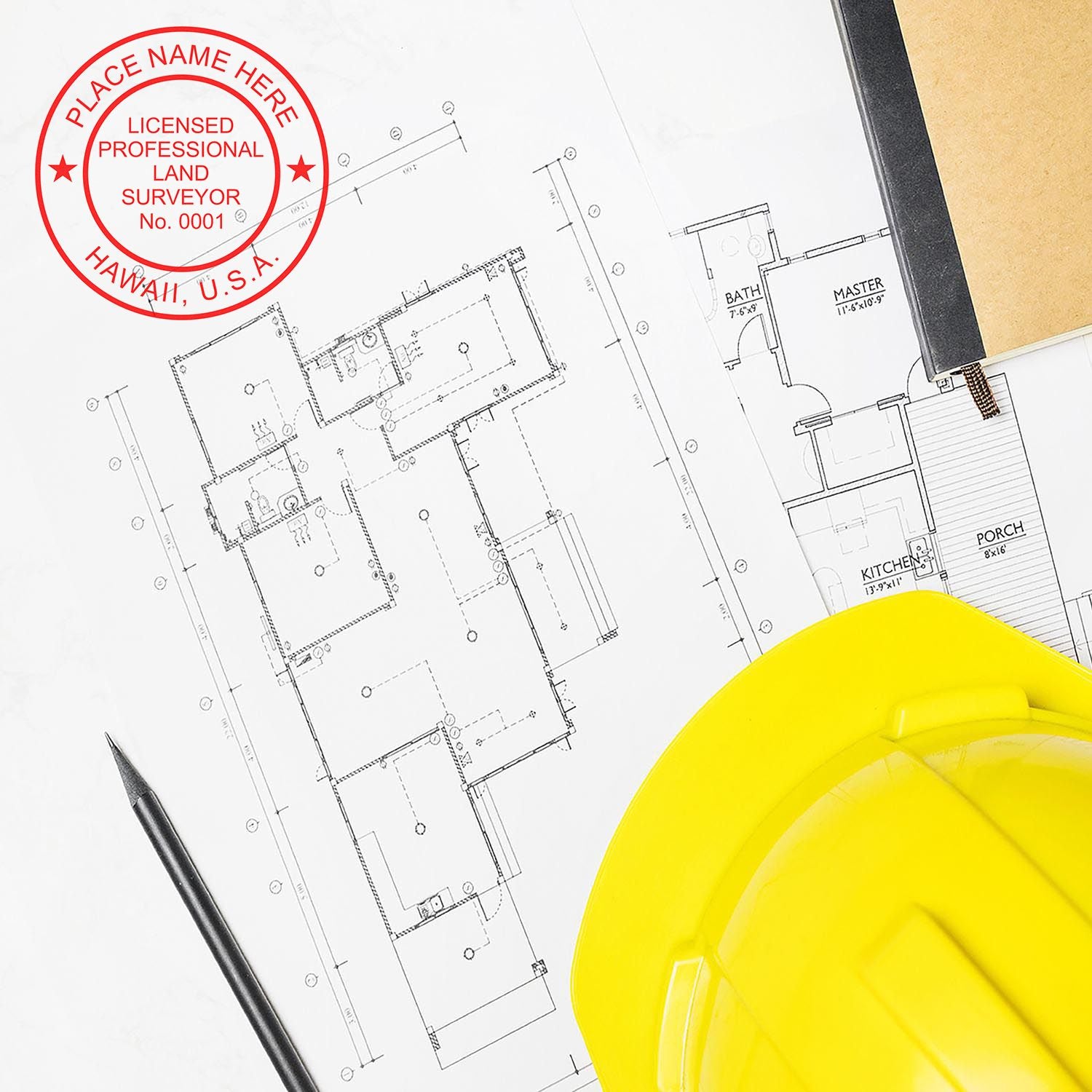 Self Inking Hawaii Land Surveyor Stamp on architectural plans with a yellow hard hat and pencil nearby.