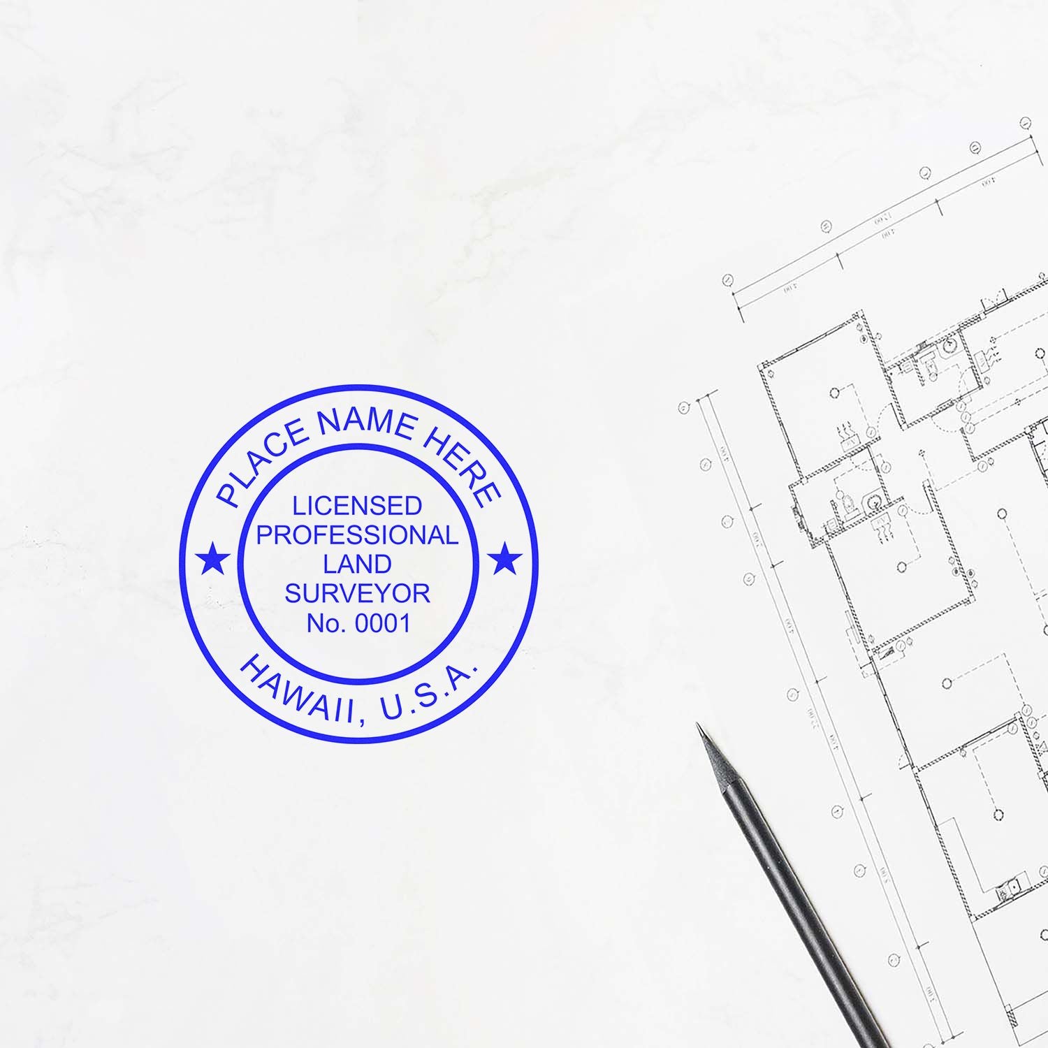 Self Inking Hawaii Land Surveyor Stamp in blue ink on a white paper next to a pencil and architectural blueprint.