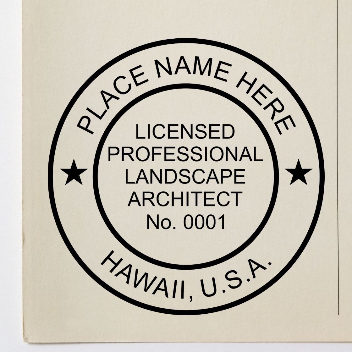 A stamped impression of the Self-Inking Hawaii Landscape Architect Stamp in this stylish lifestyle photo, setting the tone for a unique and personalized product.