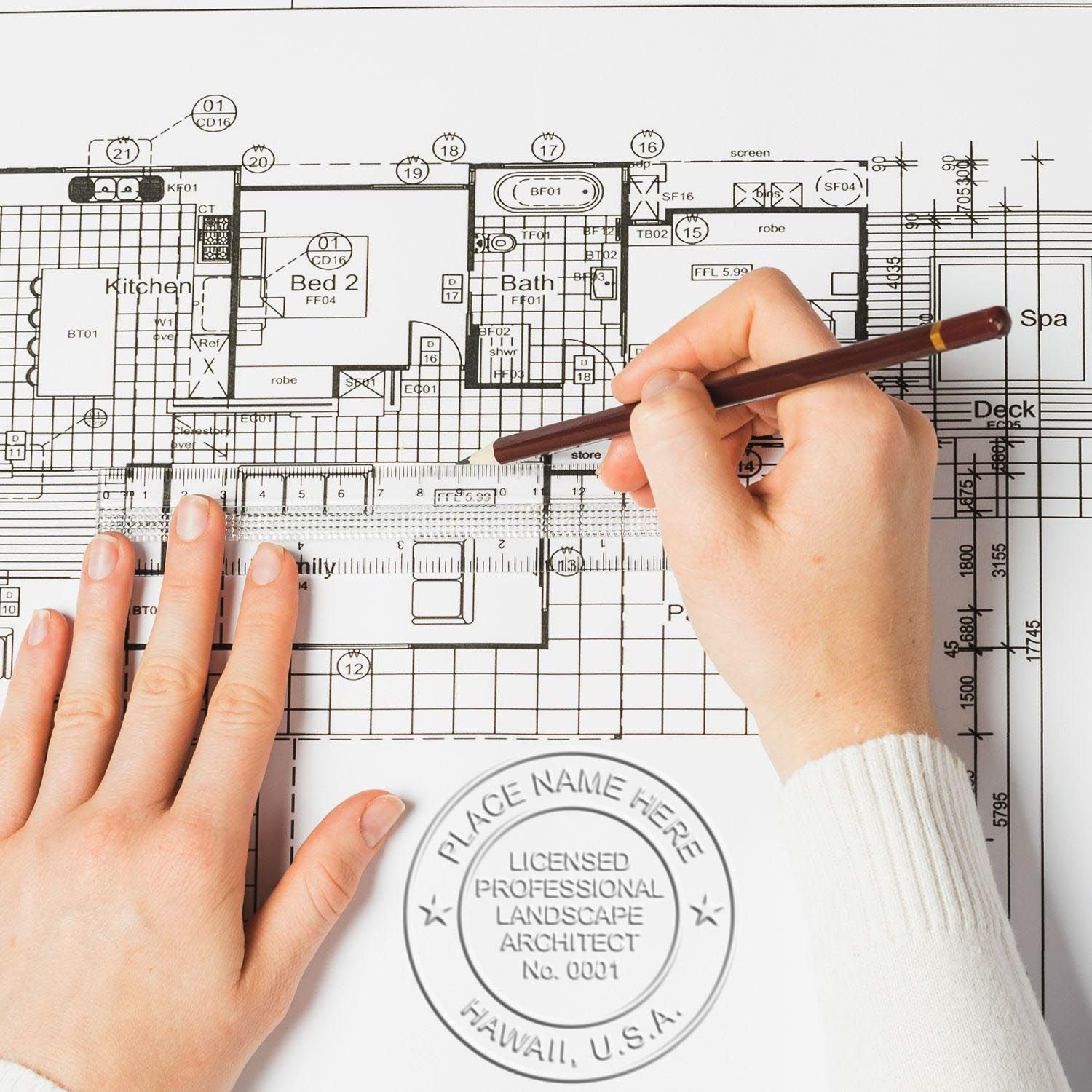 The Hawaii Long Reach Landscape Architect Embossing Stamp stamp impression comes to life with a crisp, detailed photo on paper - showcasing true professional quality.