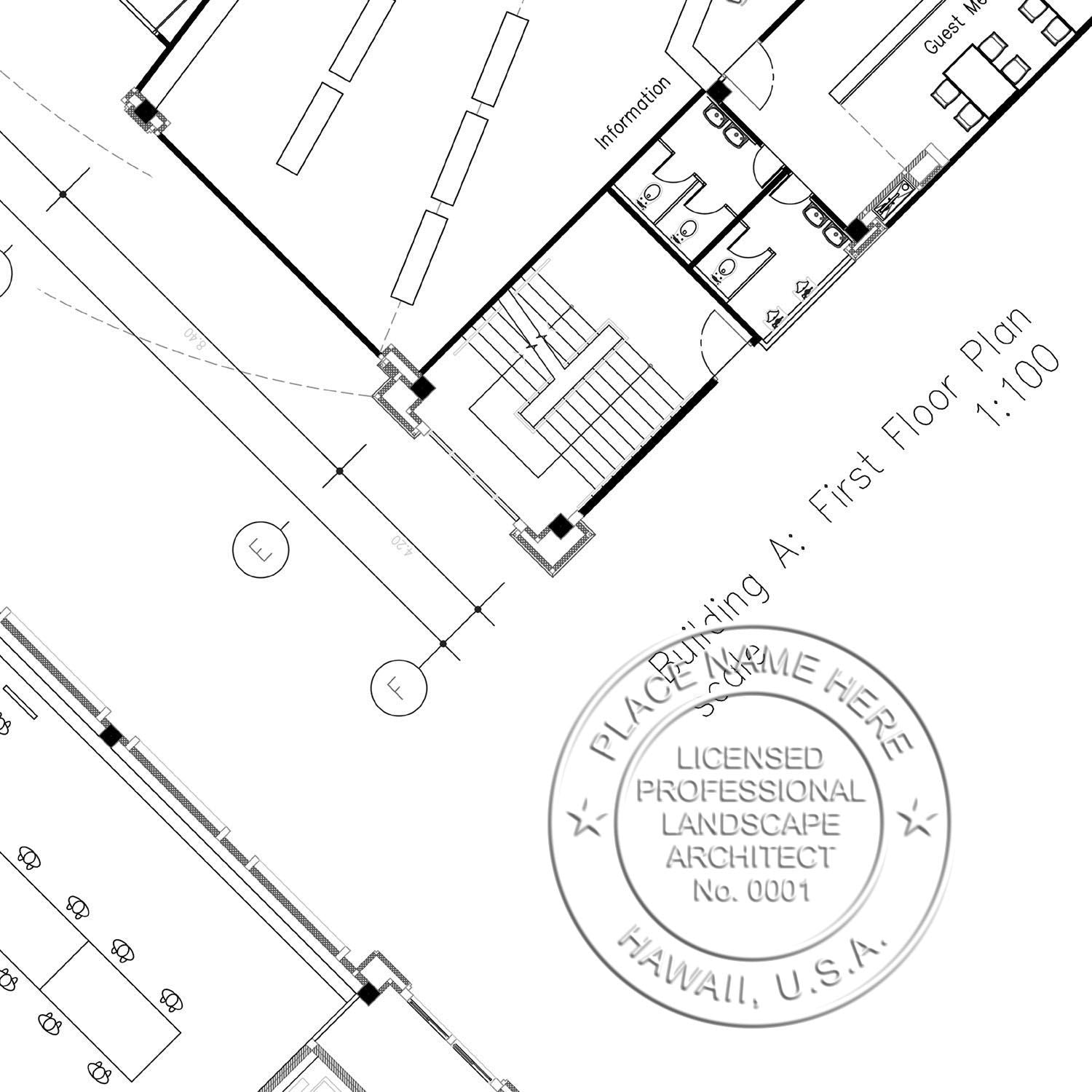 A lifestyle photo showing a stamped image of the Soft Pocket Hawaii Landscape Architect Embosser on a piece of paper