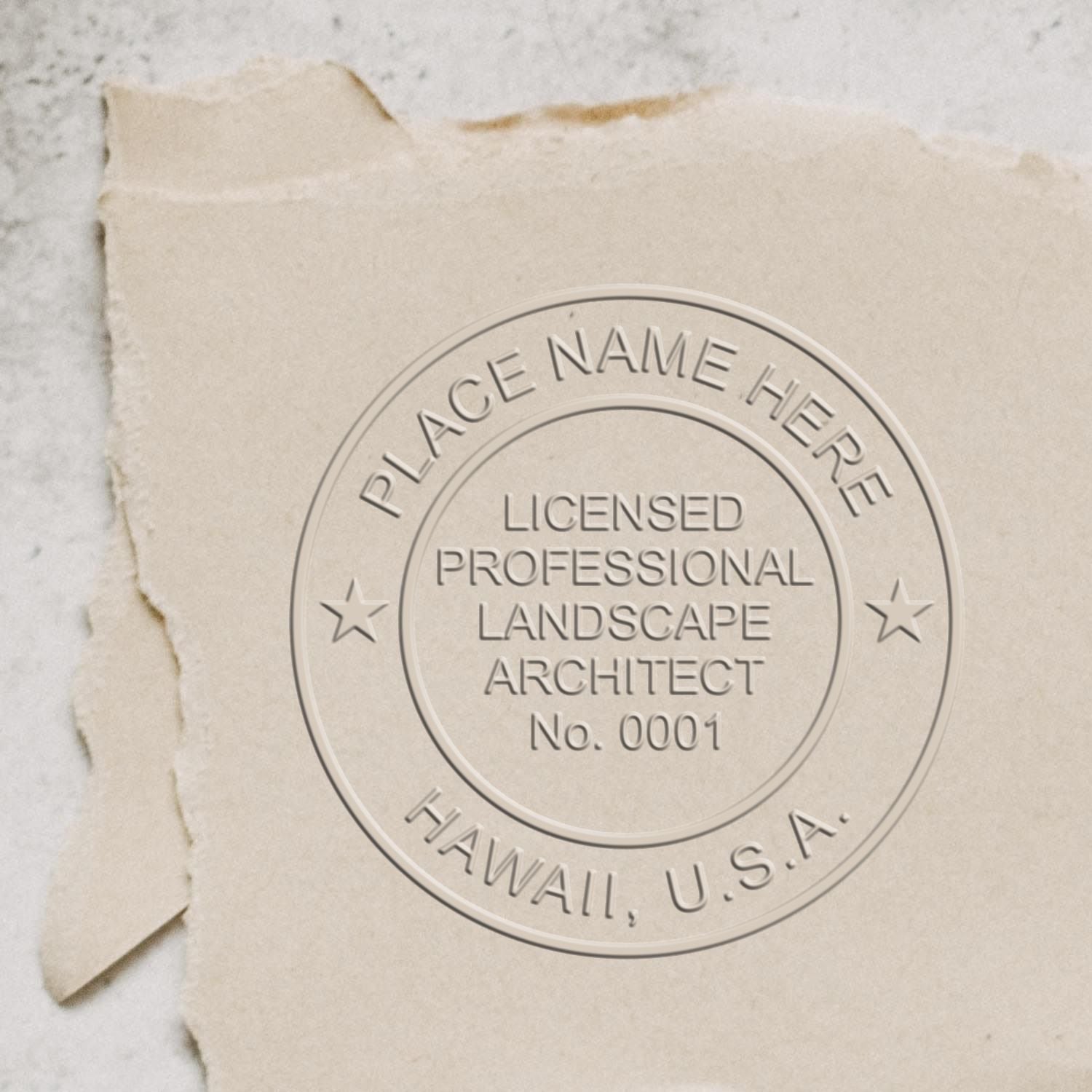 A stamped impression of the State of Hawaii Handheld Landscape Architect Seal in this stylish lifestyle photo, setting the tone for a unique and personalized product.