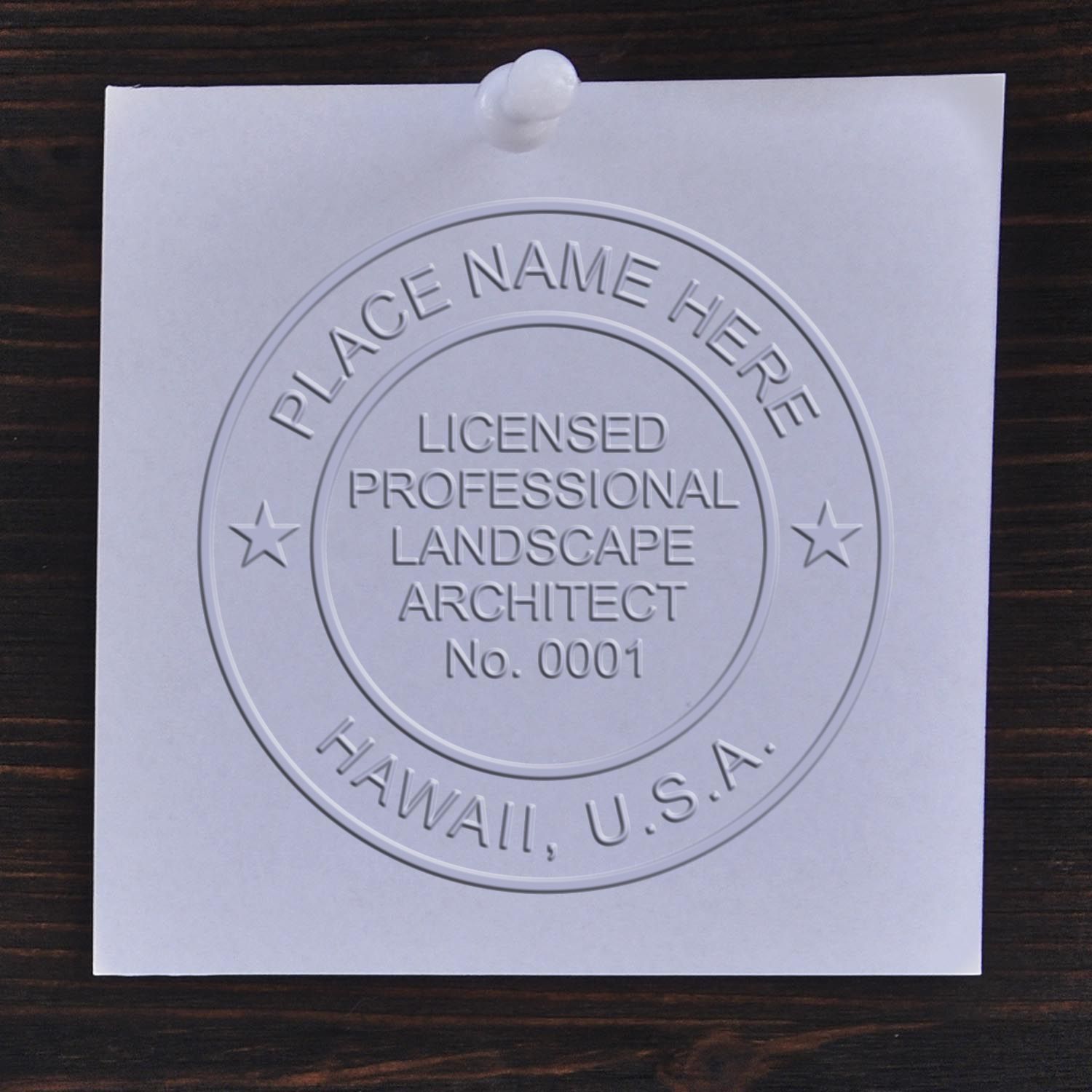 A photograph of the State of Hawaii Handheld Landscape Architect Seal stamp impression reveals a vivid, professional image of the on paper.