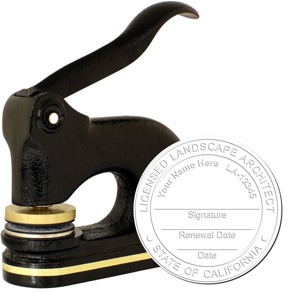 The main image for the Heavy Duty California Landscape Architect Cast Iron Embosser depicting a sample of the imprint and electronic files