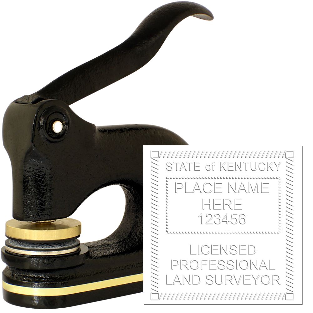 The main image for the Heavy Duty Cast Iron Kentucky Land Surveyor Seal Embosser depicting a sample of the imprint and electronic files