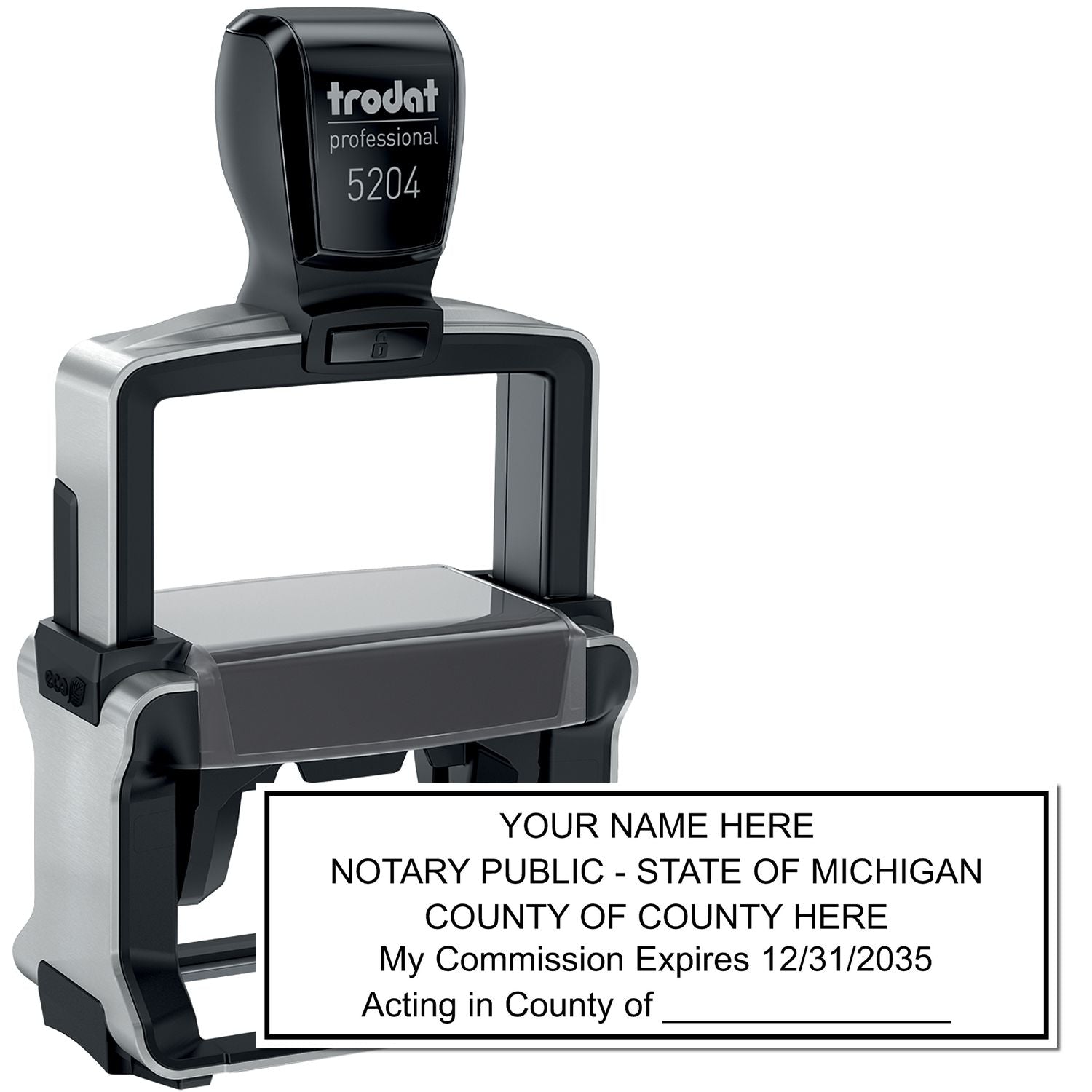 The main image for the Heavy-Duty Michigan Rectangular Notary Stamp depicting a sample of the imprint and electronic files