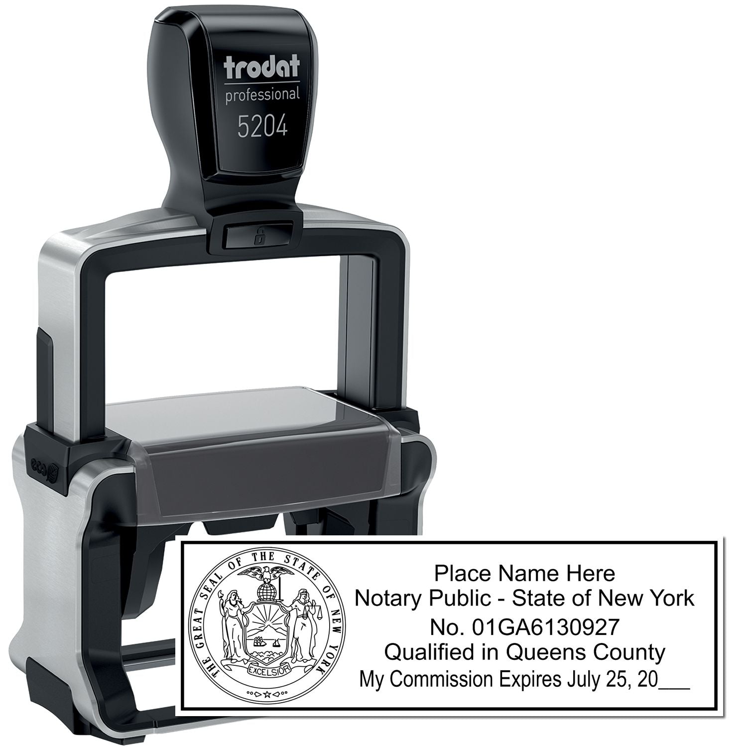 The main image for the Heavy-Duty New York Rectangular Notary Stamp depicting a sample of the imprint and electronic files